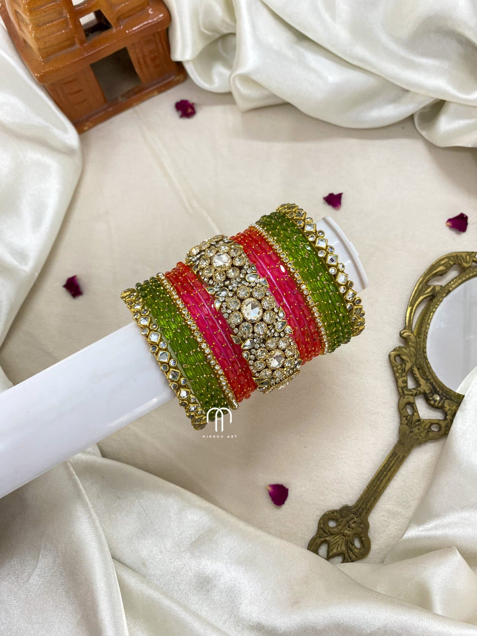Polki Diamond Replica Bangles – candy Pink and Olive green from Bangle by Choice
