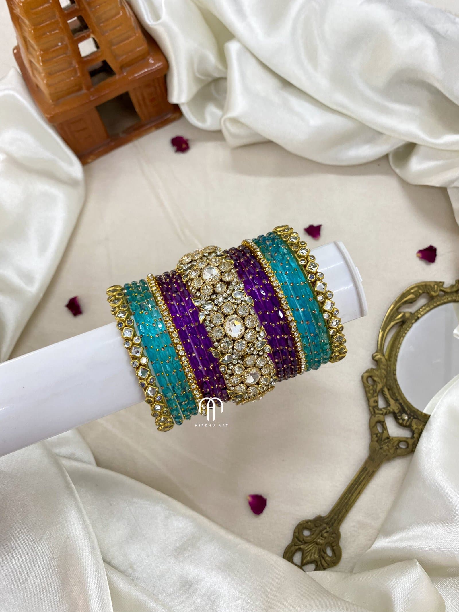 Polki Diamond Replica Bangles – Sky Blue and Purple from Bangle by Choice