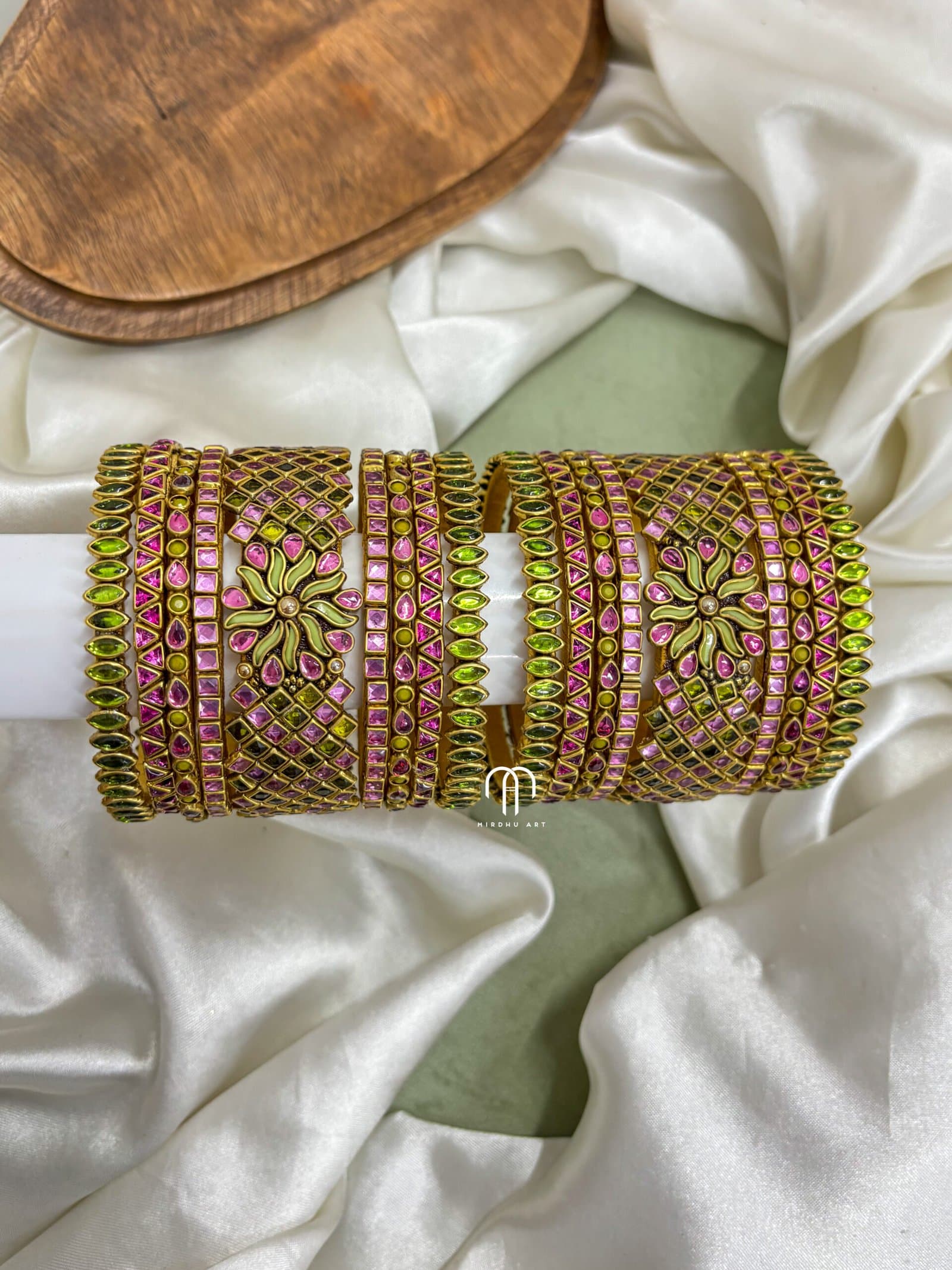 Kundan Bangles -Baby Pink And Olive Green (V-model Jumbo kada) Set from Bangle by Choice