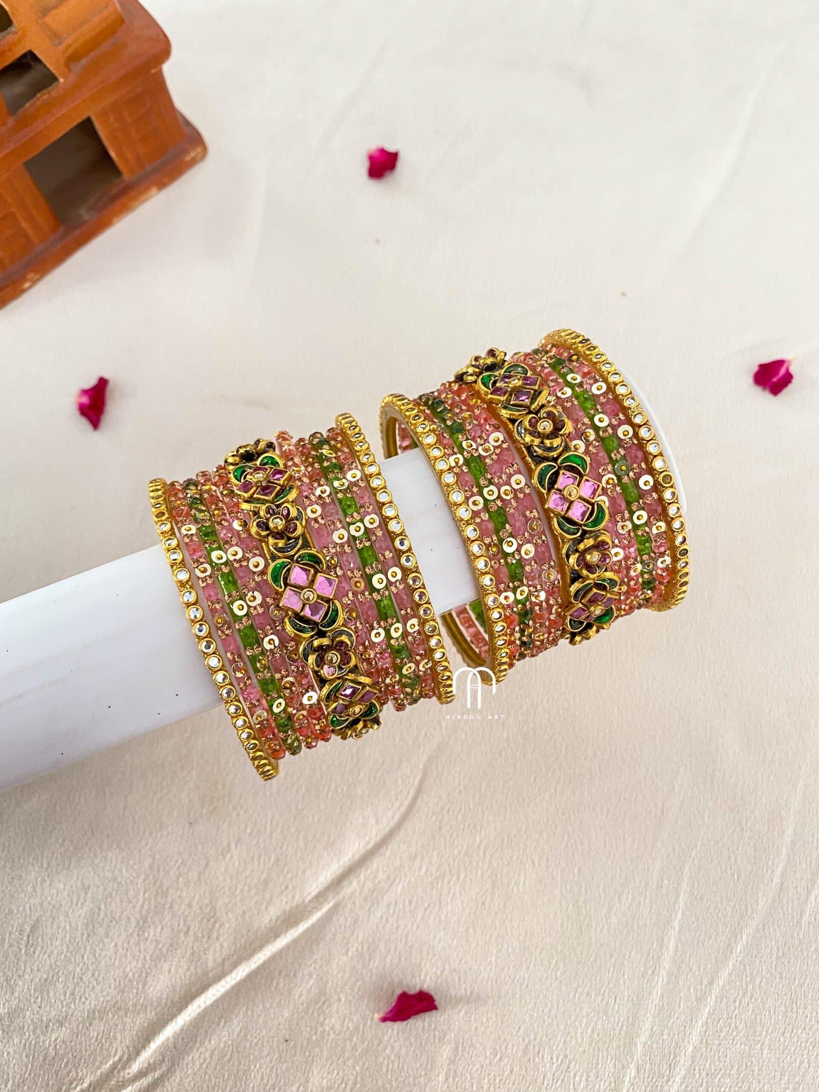 Flower Kada Simple Set – Green And Baby Pink from Bangle by Choice