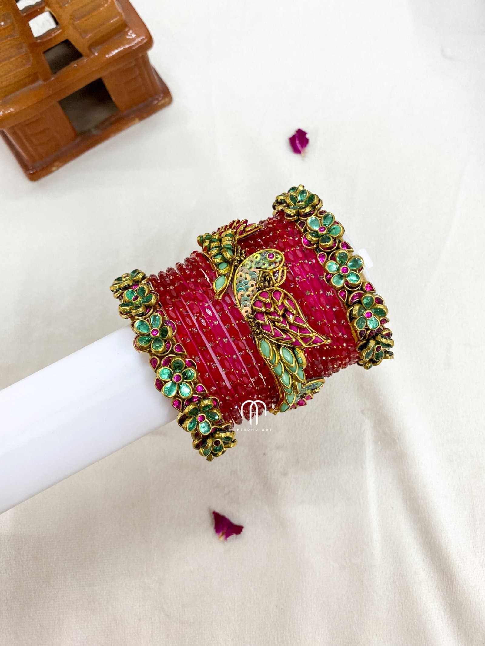 Kundan Bangles – Flower & Parrot (Rani Pink And Turquoise Green ) from Bangle by Choice