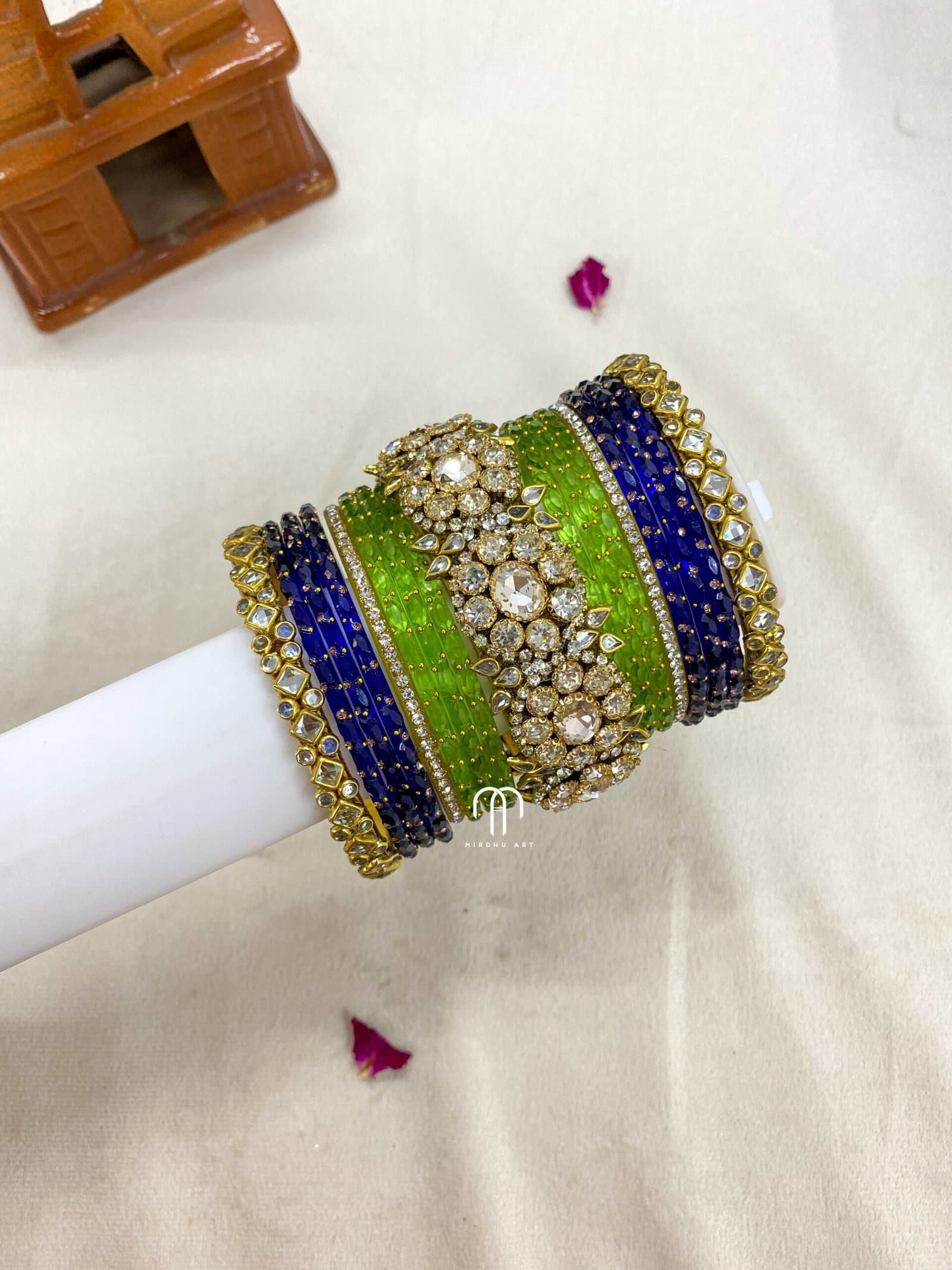Polki Diamond Replica Bangles – Royal Blue and Parrot Green from Bangle by Choice