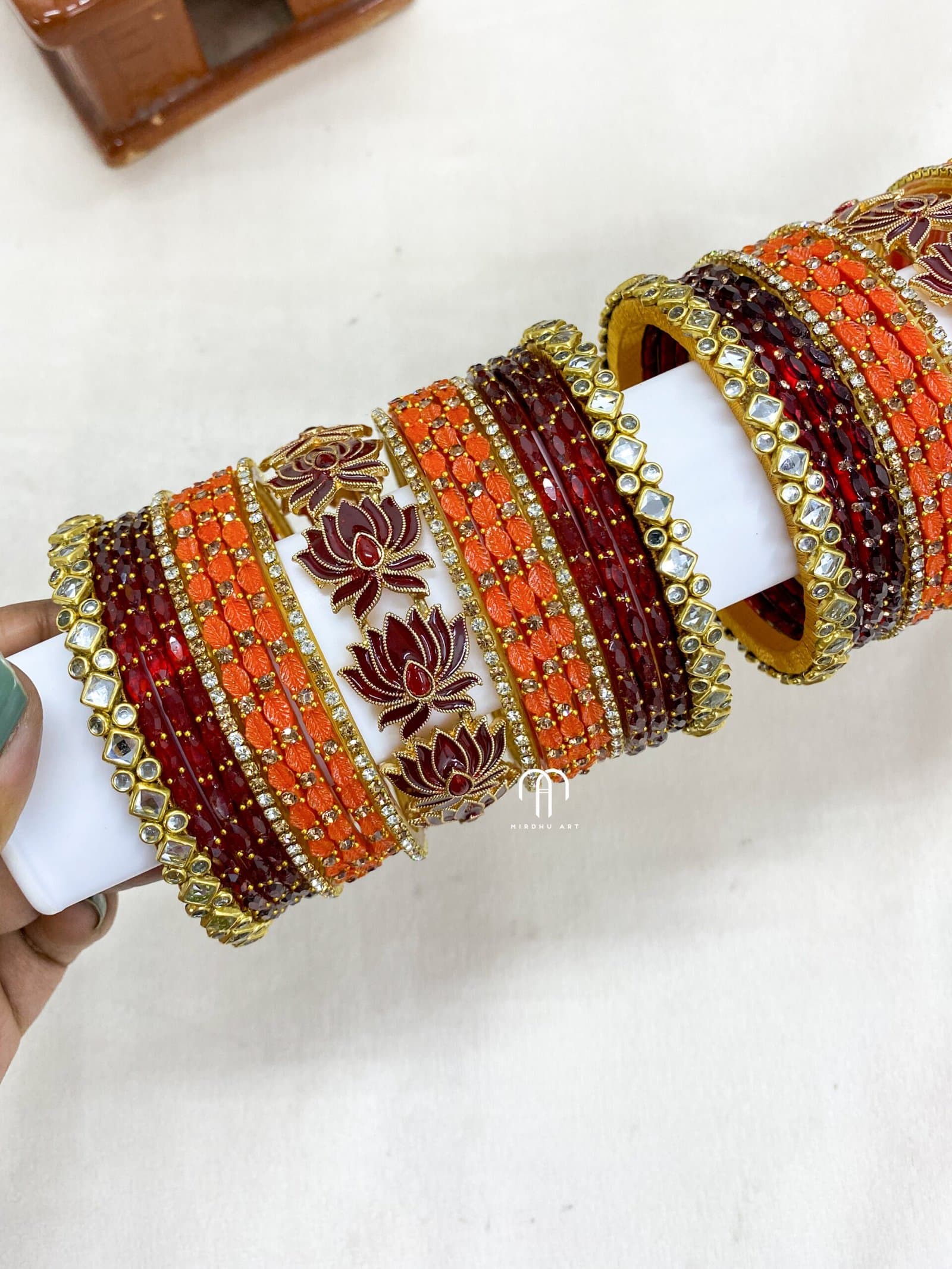 Lotus With Lakshmi -Rust Orange And Maroon detail view 2