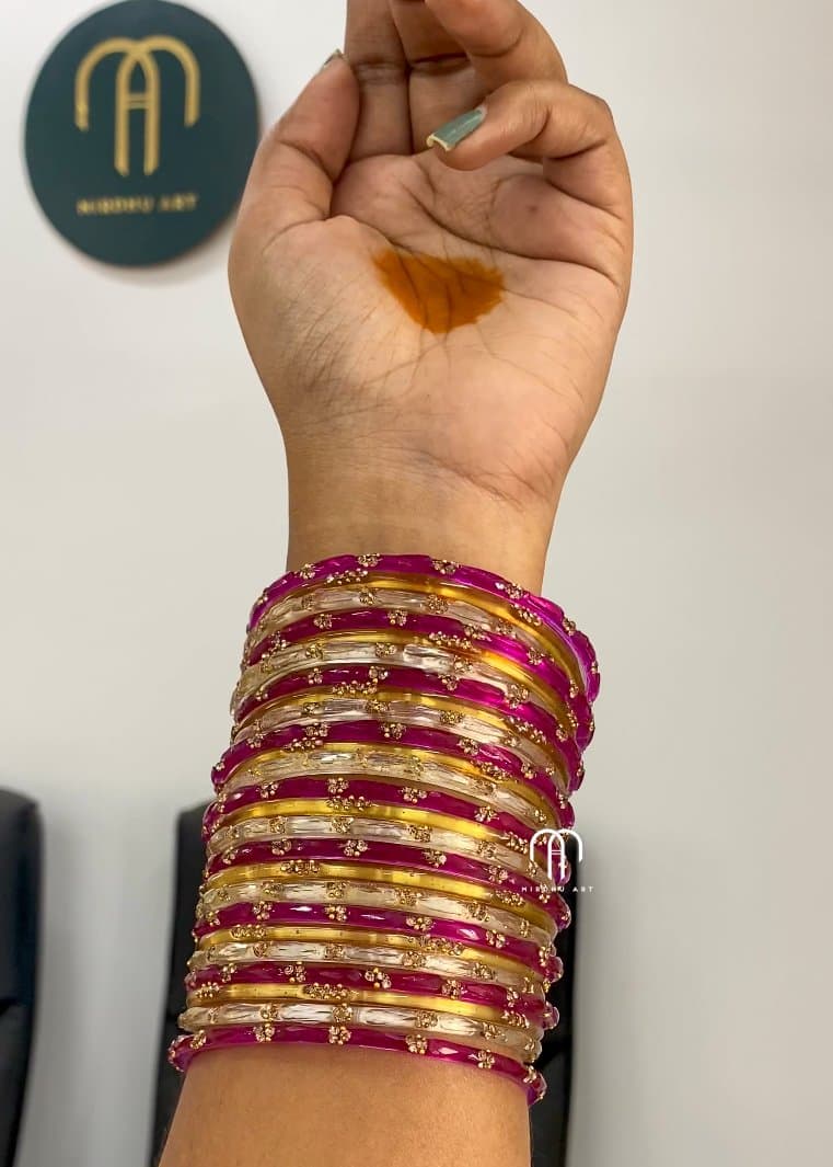 Glass Bangles – Plain Crystal – Rani Pink , Golden & White from Bangle by Choice