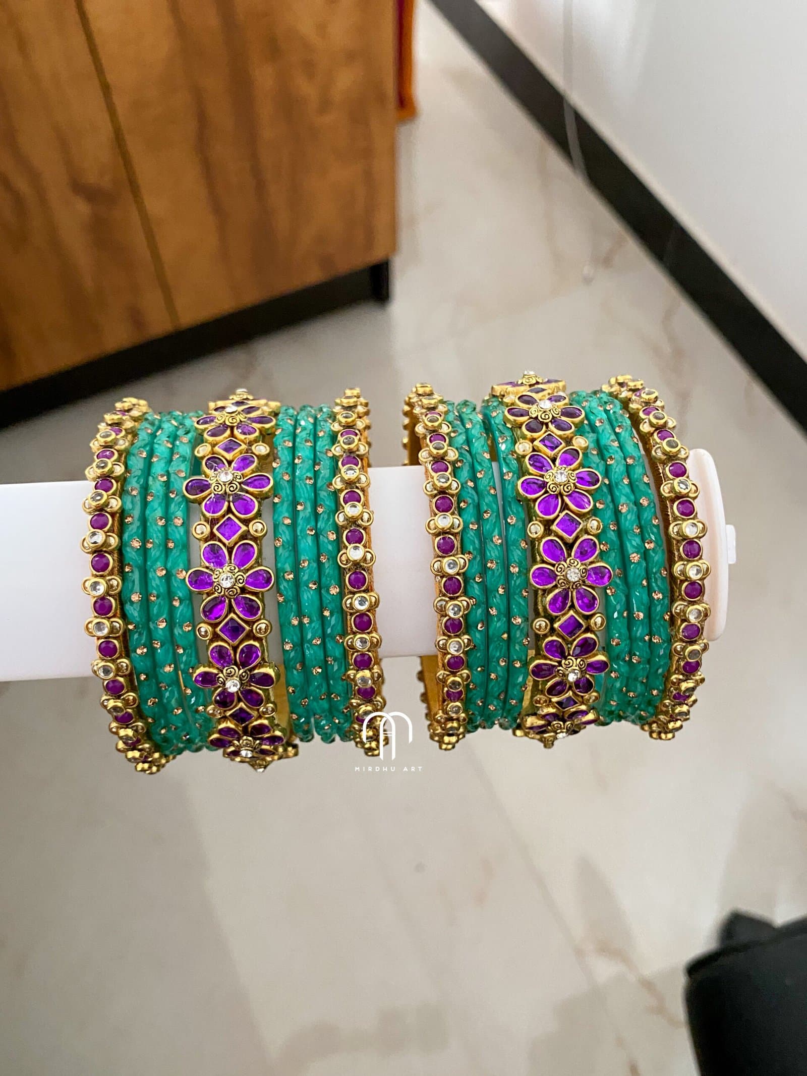 Flower Kada Simple Set – Turquoise Green And Purple from Bangle by Choice