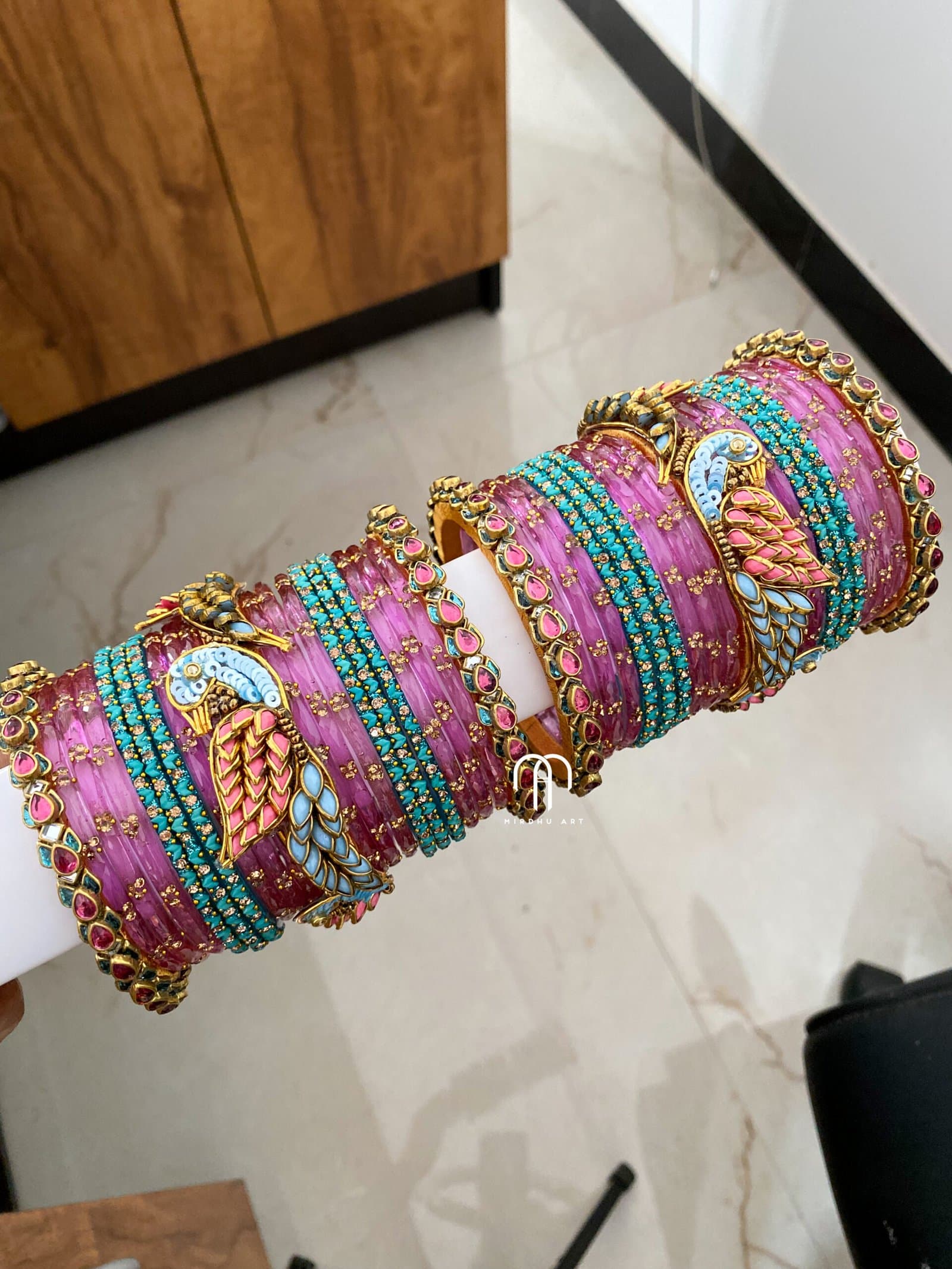 Kundan Bangles – Lotus & Parrot (Pastel Blue and Baby Pink) from Bangle by Choice