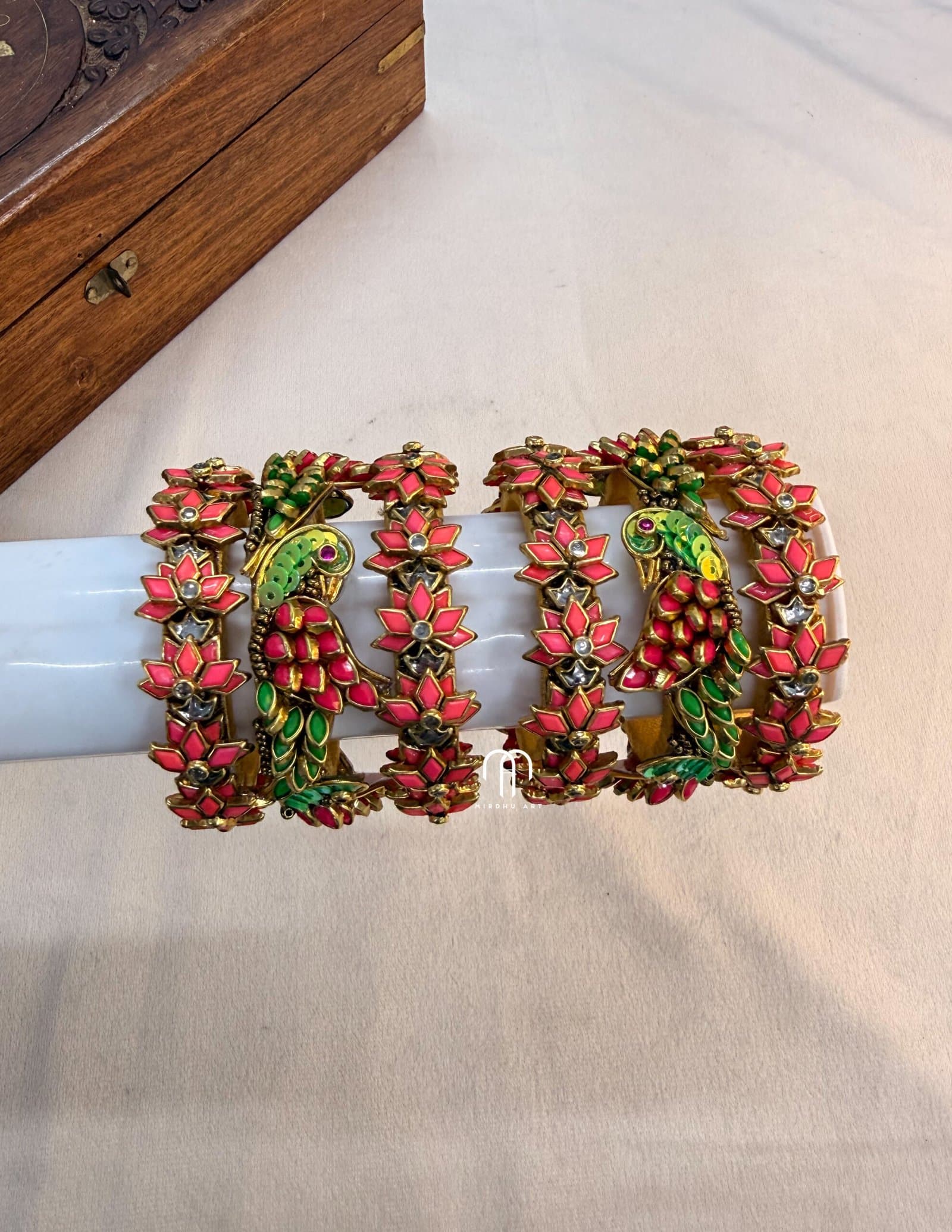 Kundan Bangles – Lotus & Parrot Kids Bangles (Parrot Green And Reddish Pink) from Bangle by Choice