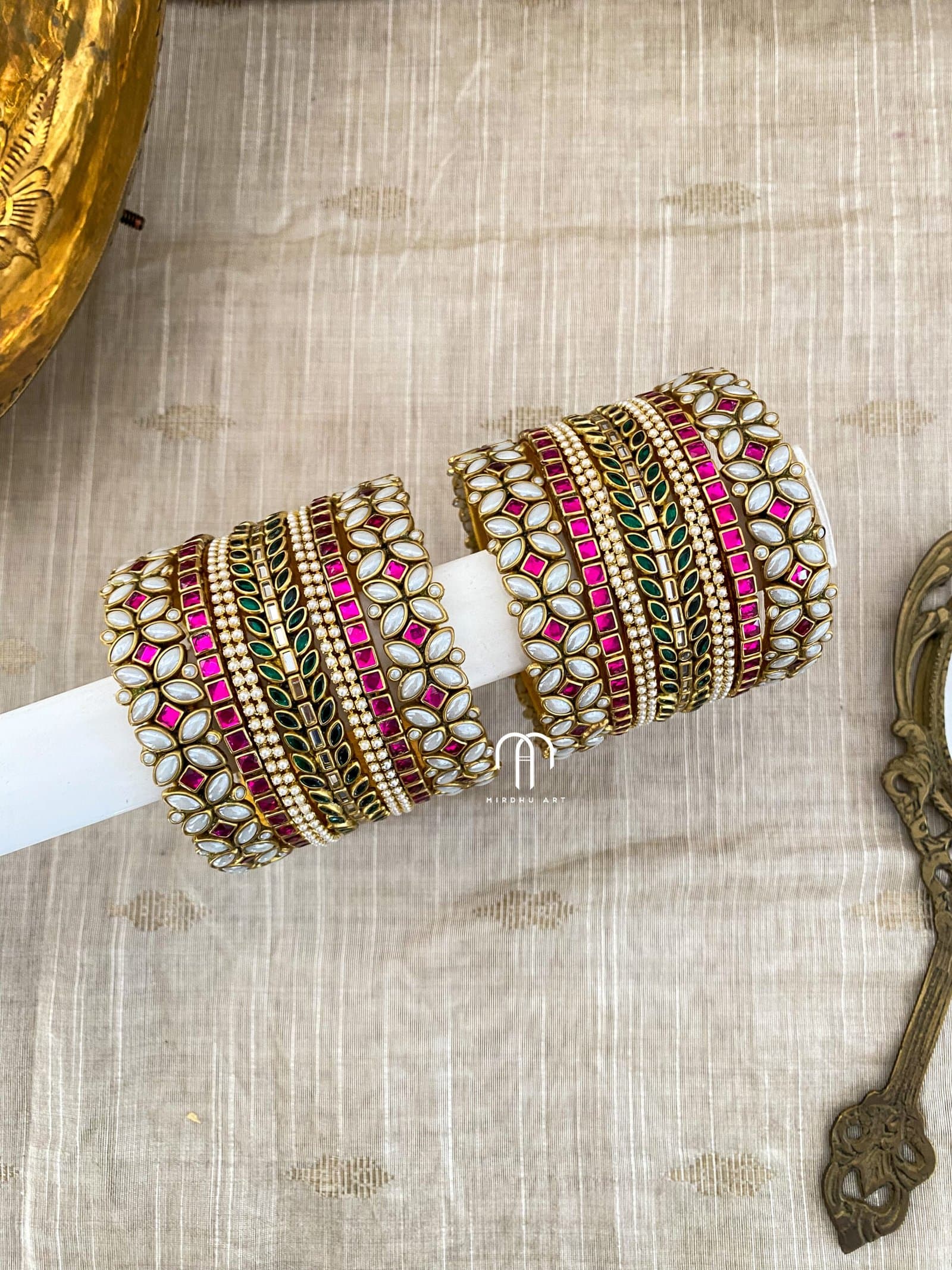 Kundan Bangles -White And Rani Pink (eye kada) Set from Bangle by Choice