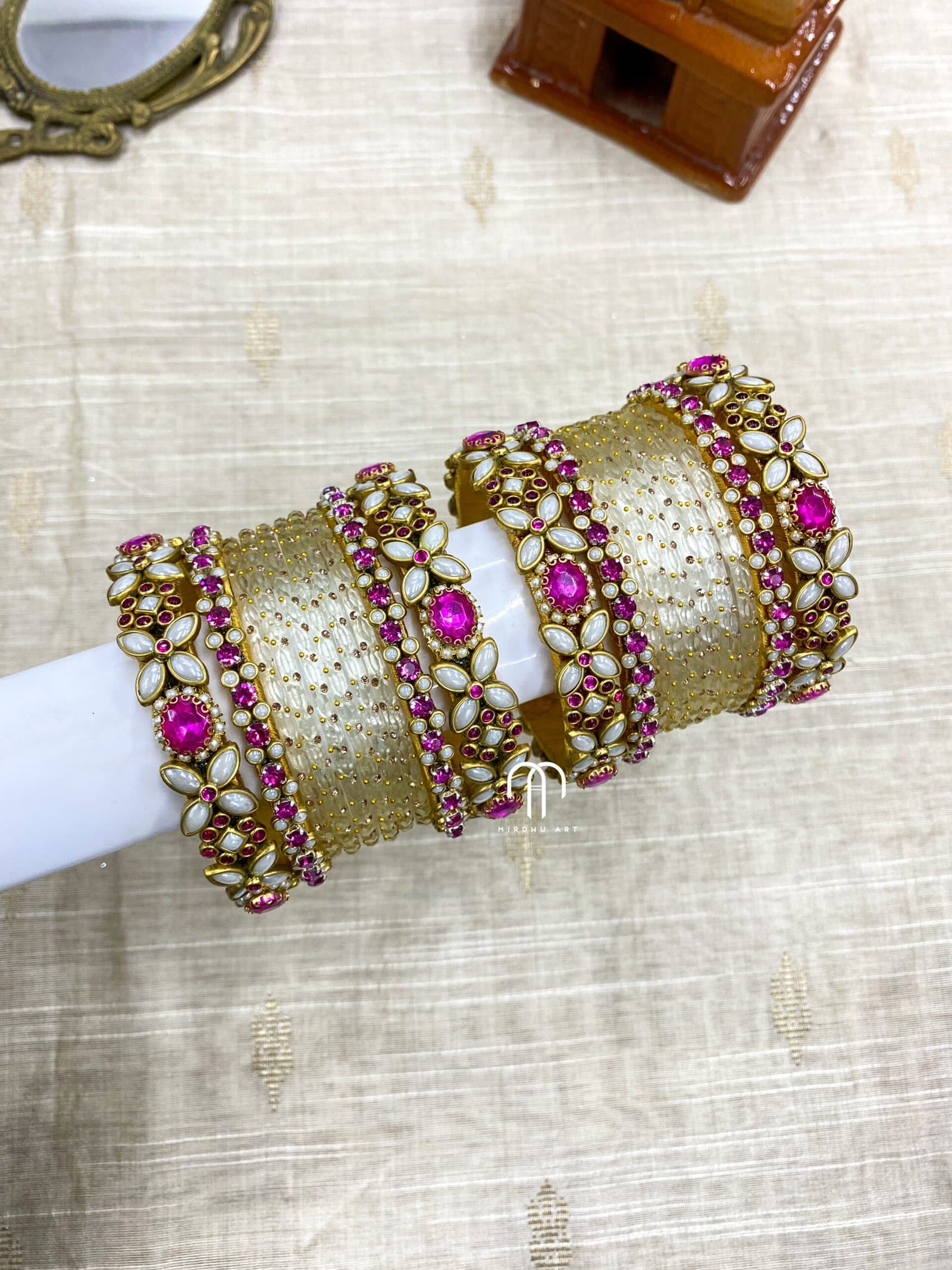 2D Crystal Kada Bangles -(White And Rani Pink) from Bangle by Choice