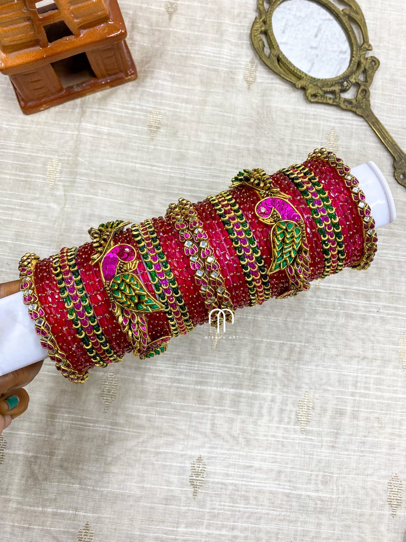 Kundan Bangles – Lotus & Parrot (Green and Rani Pink) from Bangle by Choice