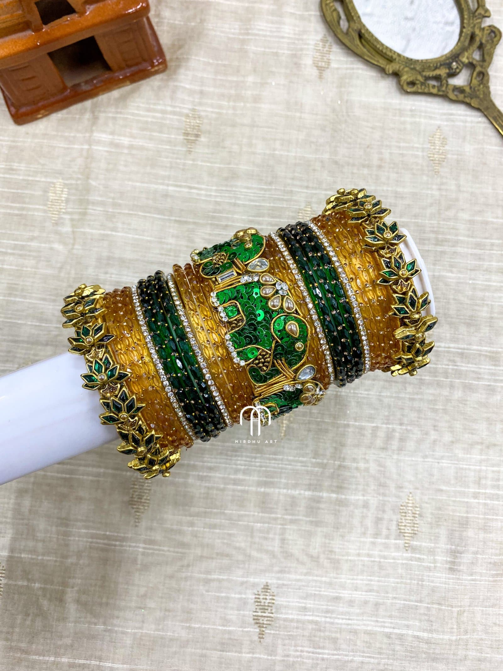 Kundan Bangles – Elephant Bangles (Golden & Green) from Bangle by Choice