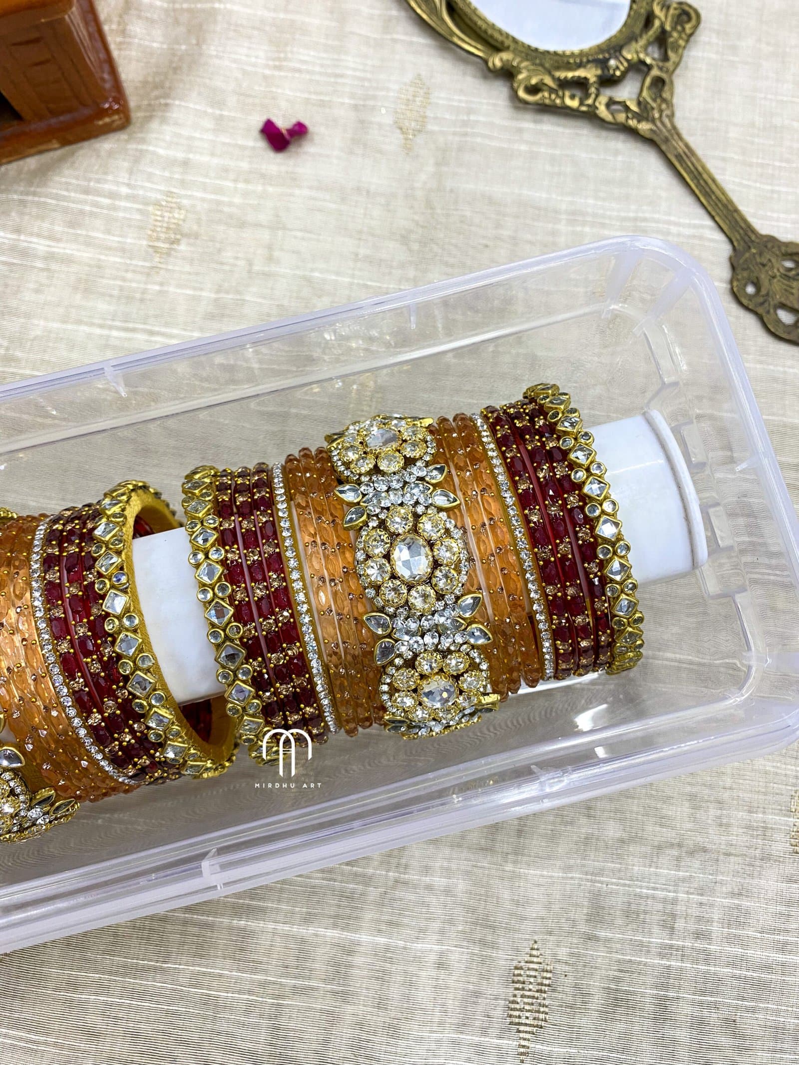 Polki Diamond Replica Bangles – Maroon And Golden detail view 2