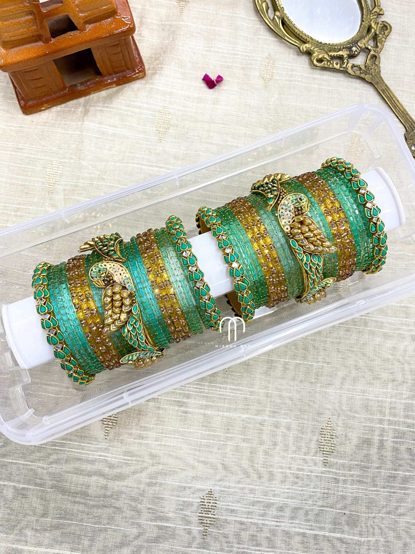 Kundan Bangles – Lotus & Parrot (Turquoise Green and Golden) from Bangle by Choice