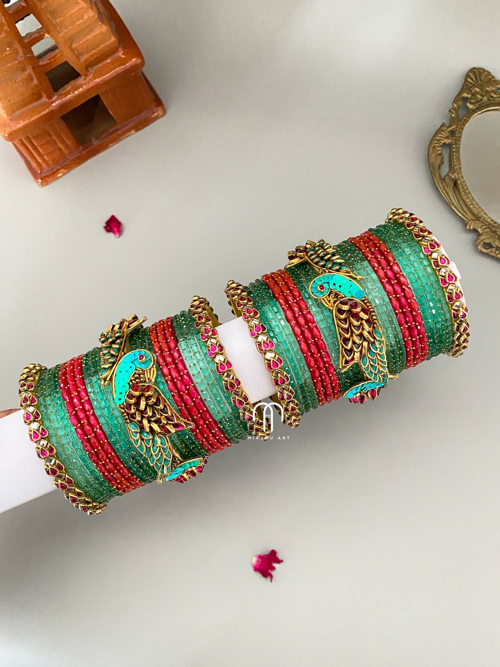 Kundan Bangles – Lotus & Parrot (Turquoise Green and Rani Pink) from Bangle by Choice