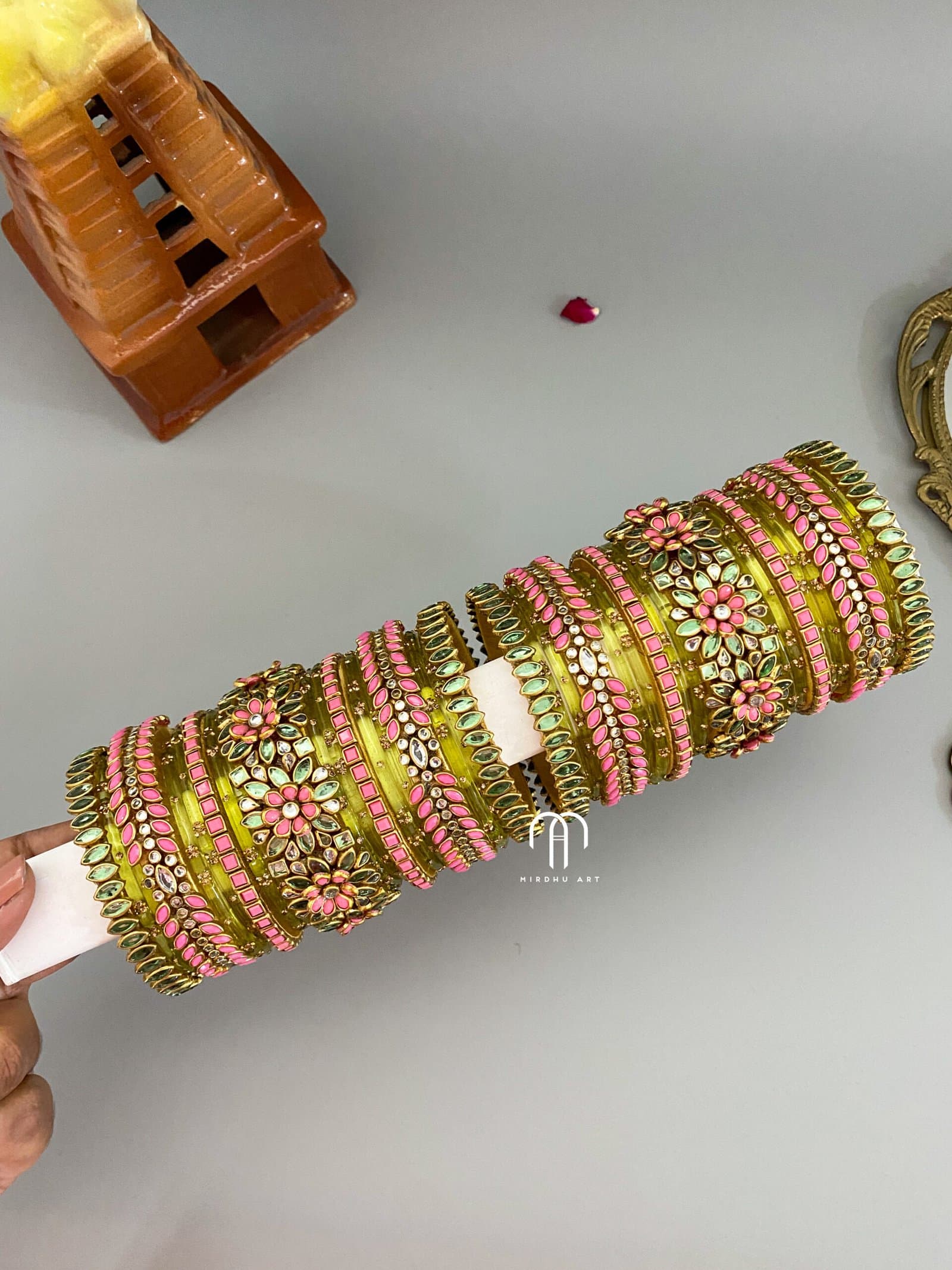 Kundan Bangles – Olive Green And Baby Pink 3D flower combination Bangles from Bangle by Choice