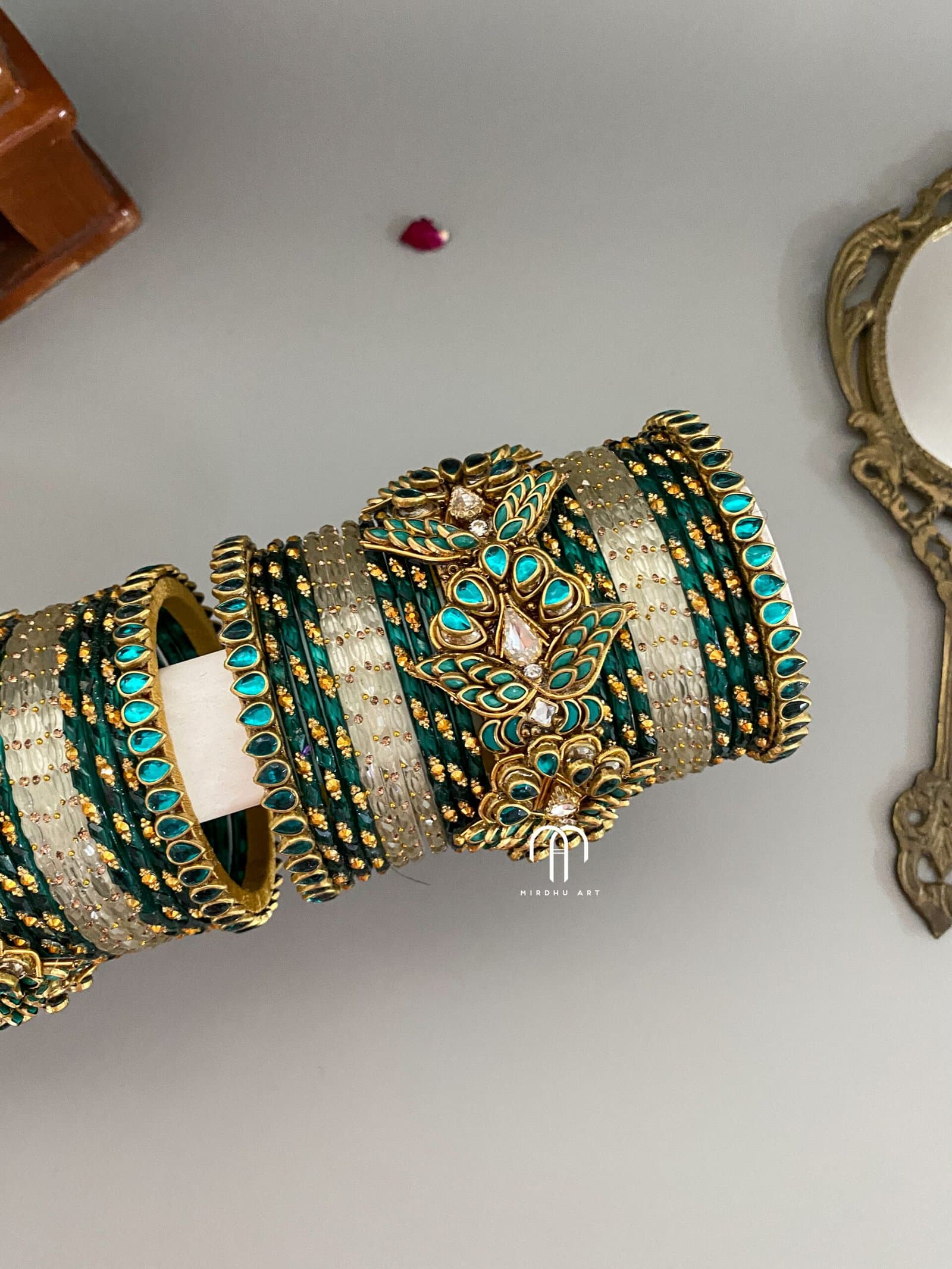 Kundan Bangles – 3D Blossom Statement Bangles ( Peacock Green & White) detail view 2