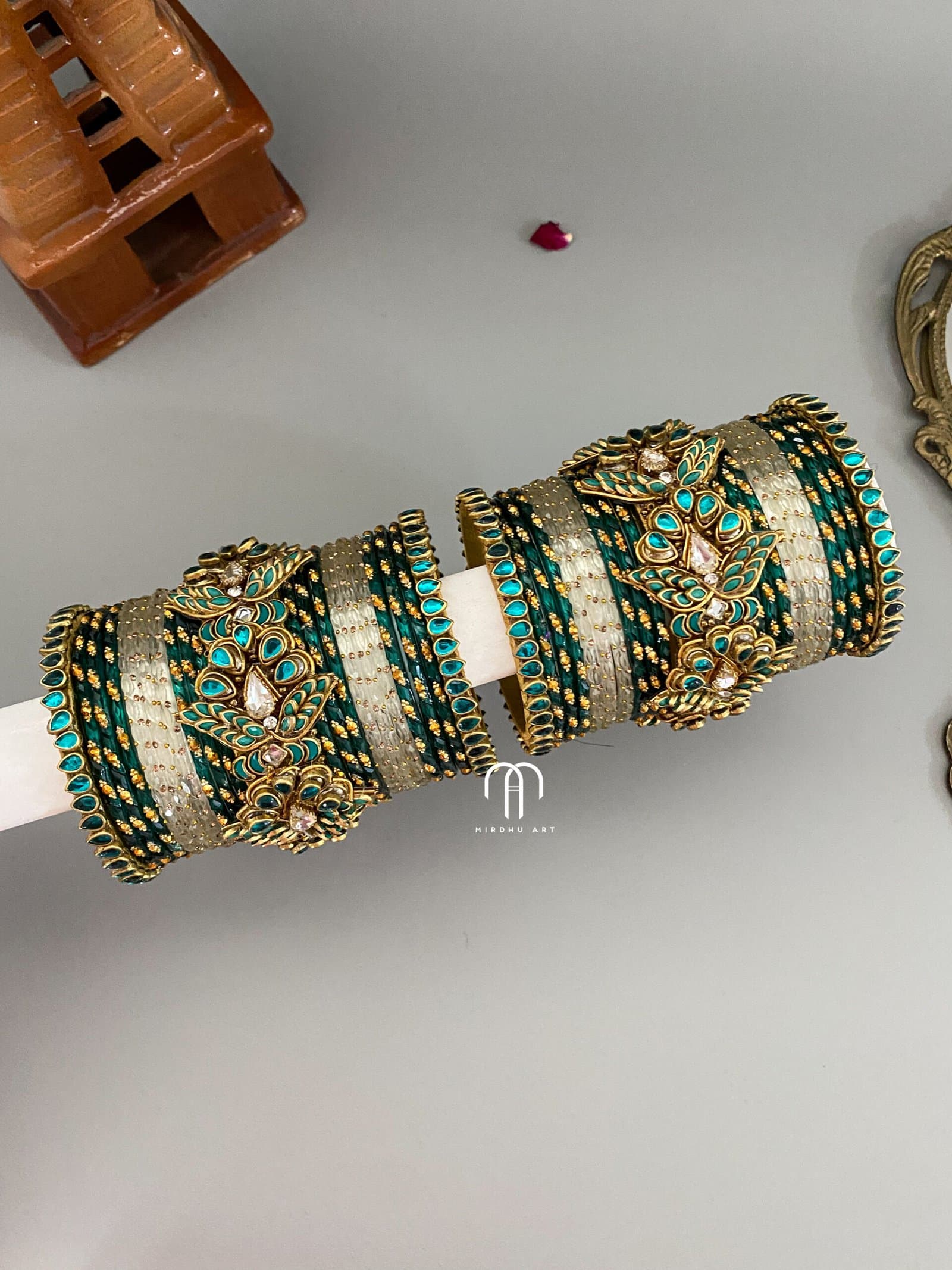 Kundan Bangles – 3D Blossom Statement Bangles ( Peacock Green & White) from Bangle by Choice