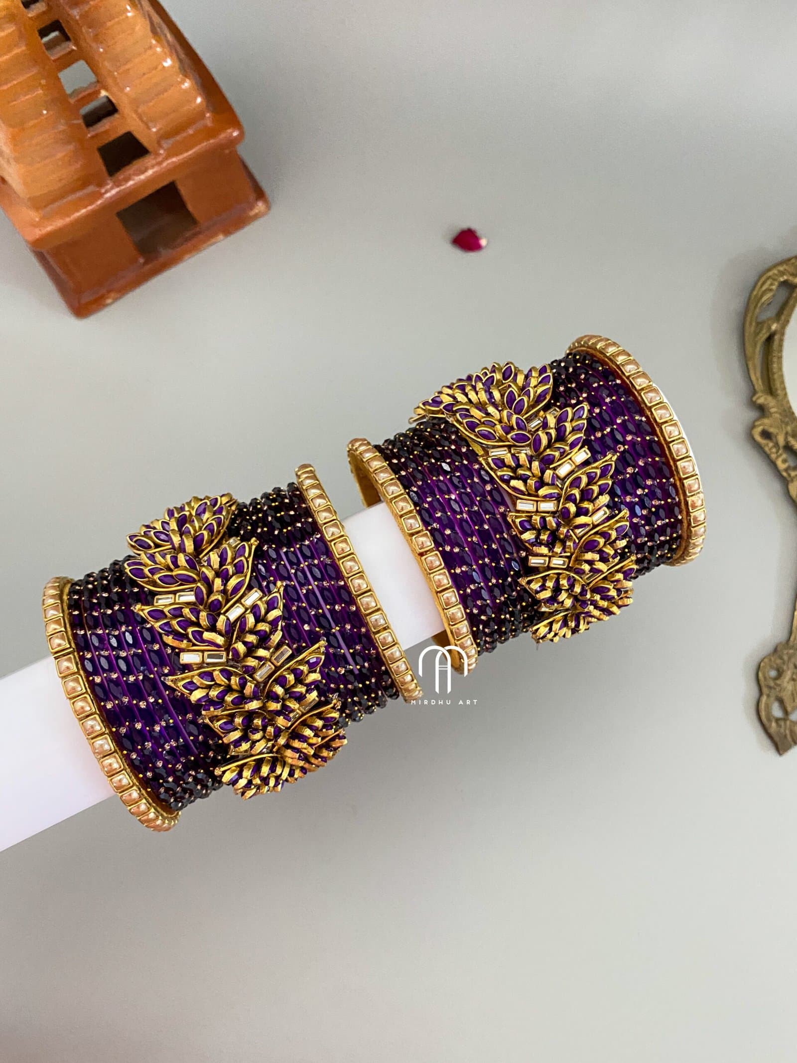 Kundan Bangles – Leaf Style (Purple and Golden ) from Bangle by Choice