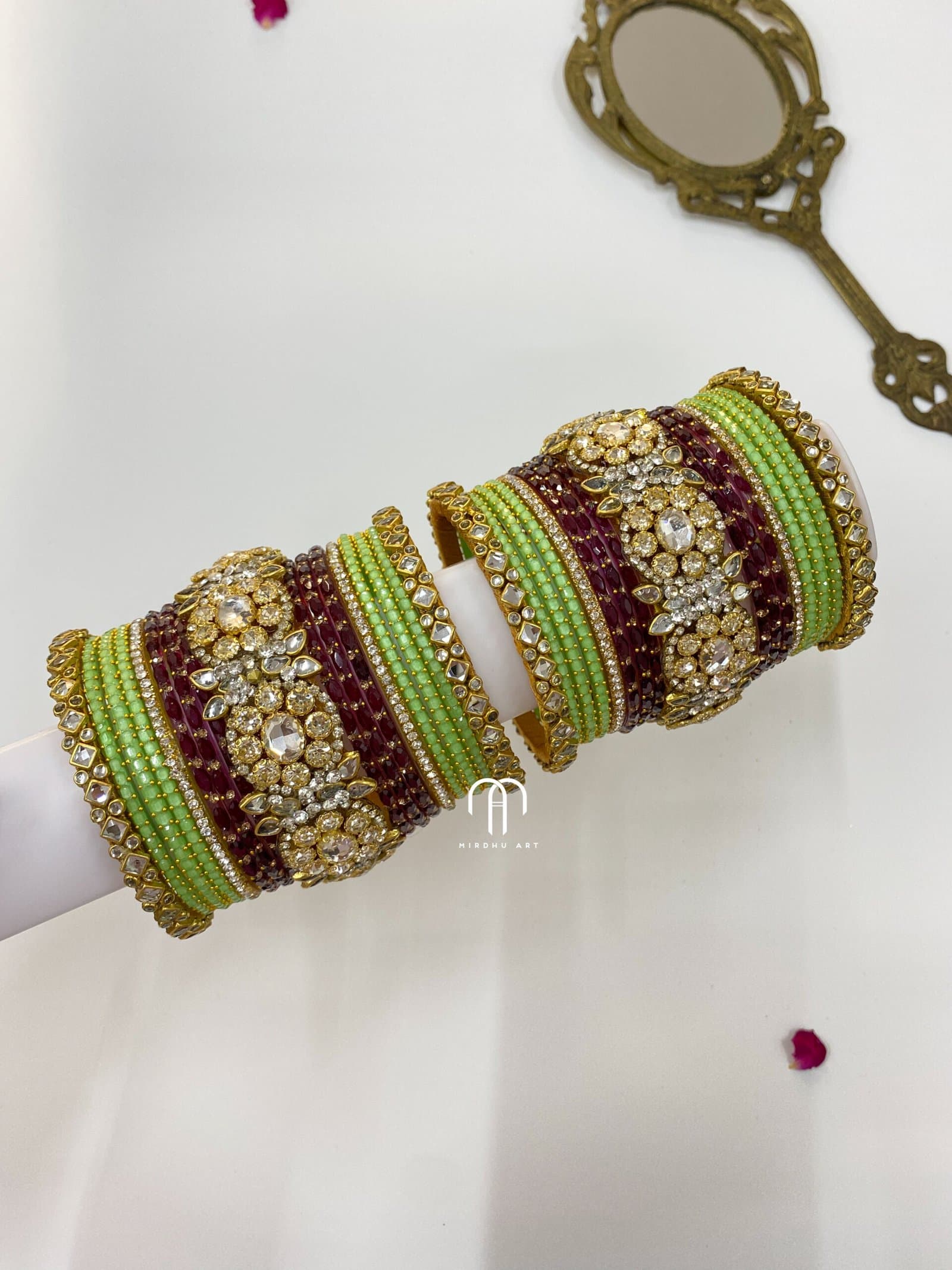 Polki Diamond Replica Bangles – Wine and Pista Green from Bangle by Choice