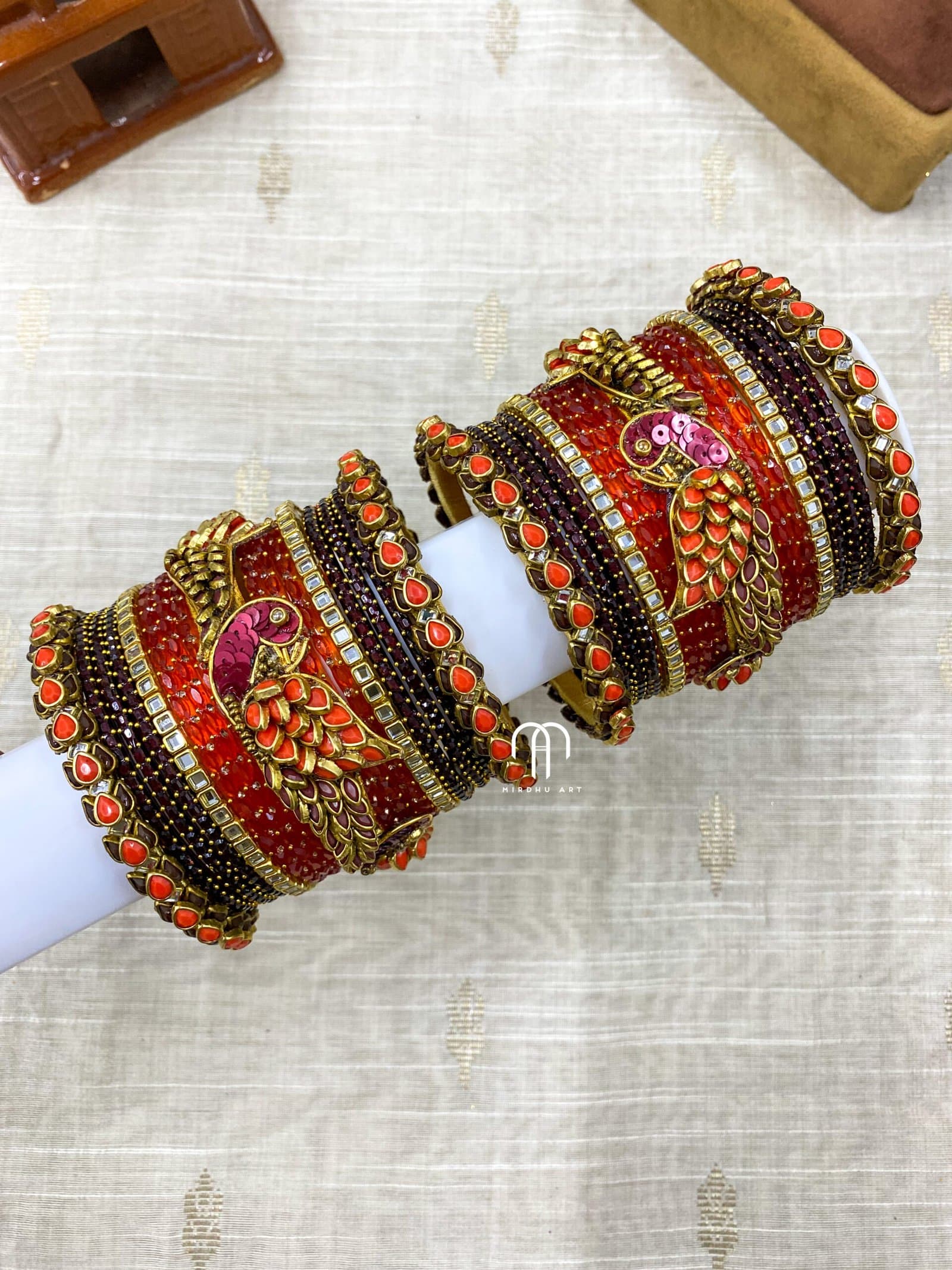 Kundan Bangles – Lotus & Parrot (Brown and Orange) from Bangle by Choice