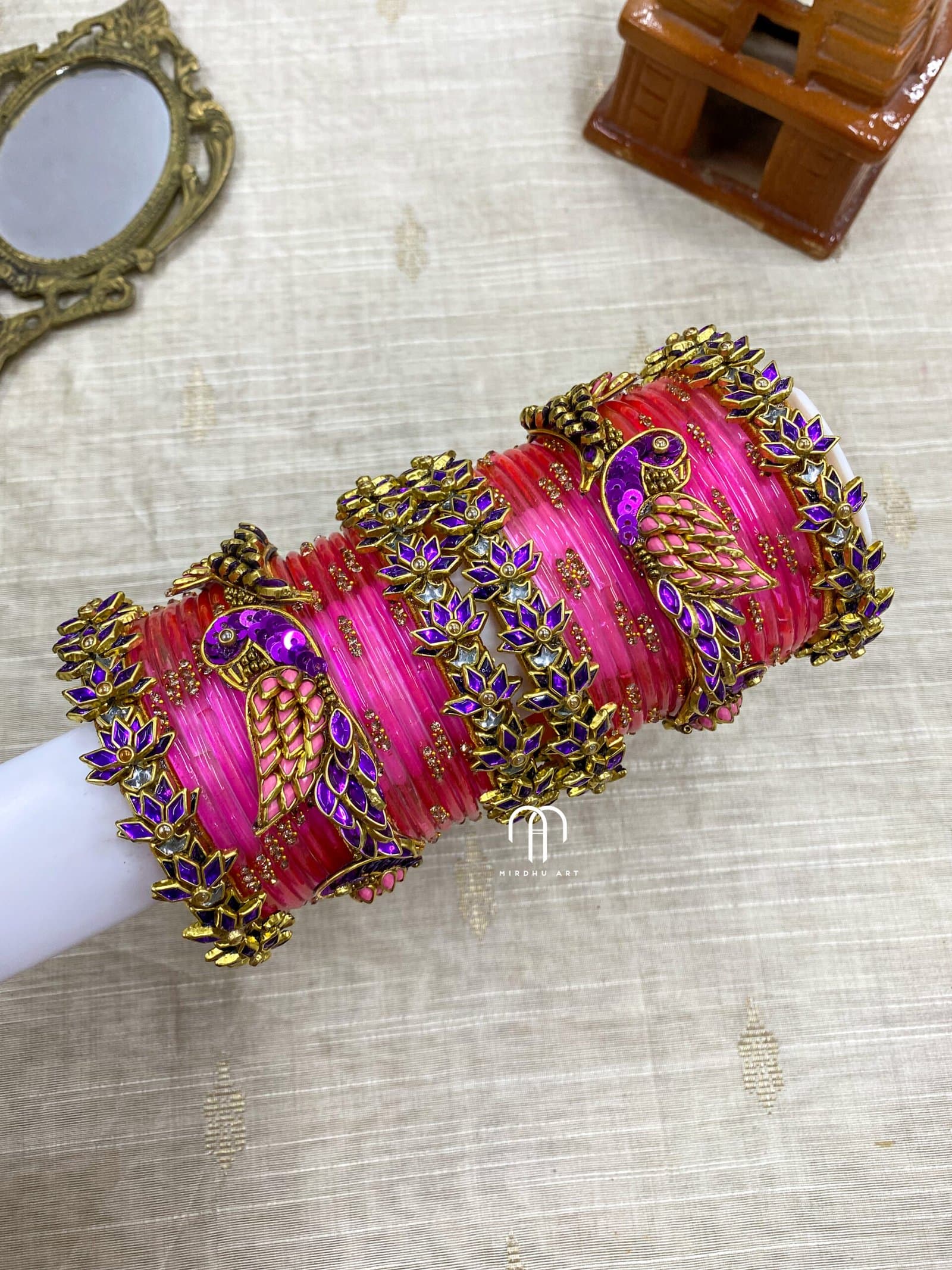 Kundan Bangles – Lotus & Parrot (Purple And Baby Pink) from Bangle by Choice