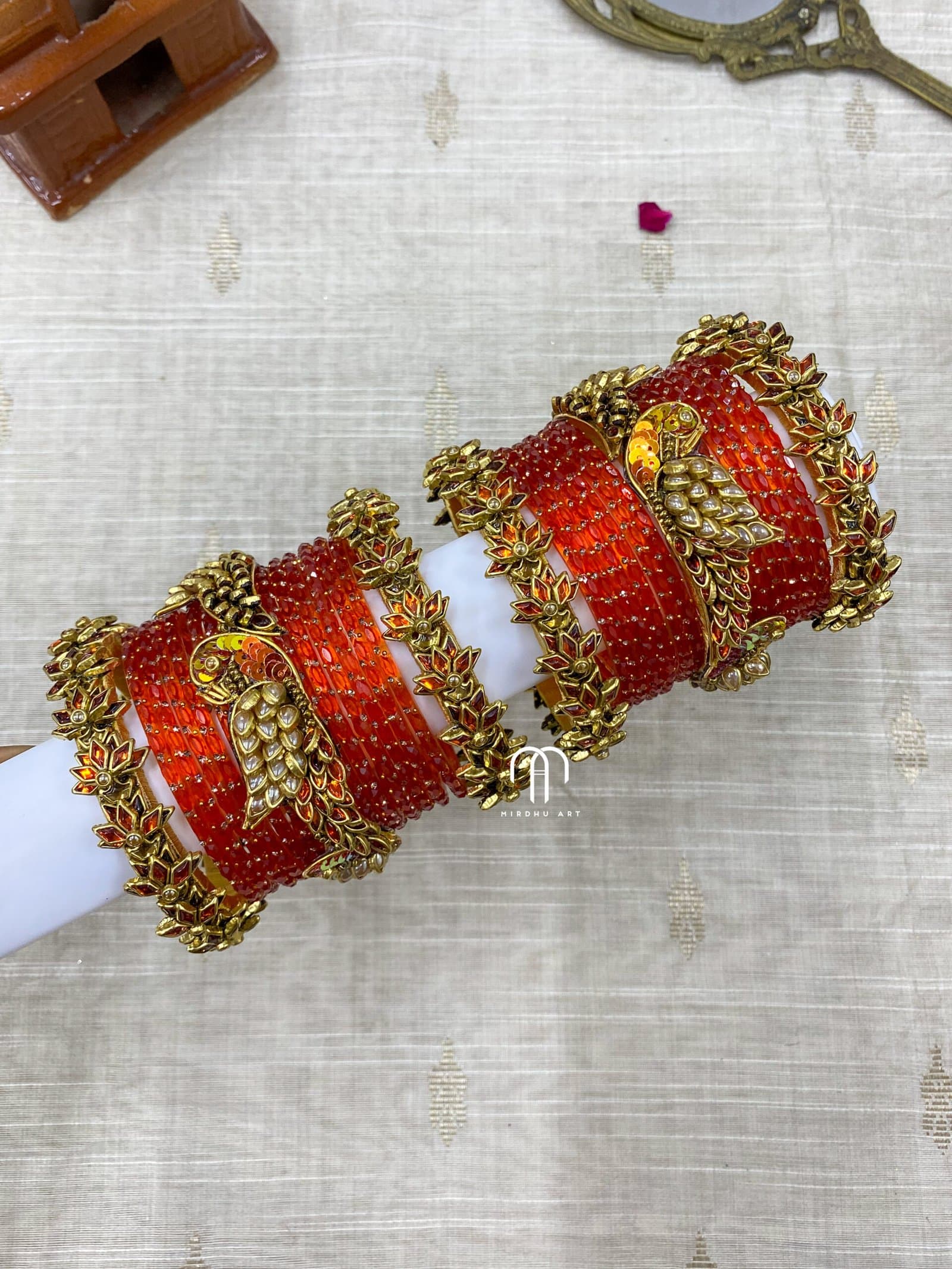 Kundan Bangles – Lotus & Parrot (Orange And Golden) from Bangle by Choice