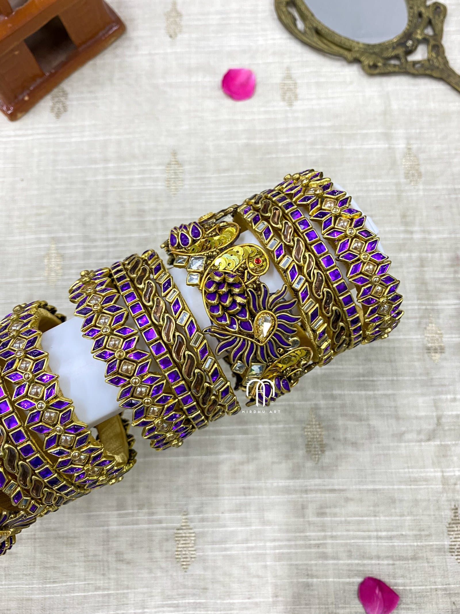 Kundan Bangles – Annapakshi (Purple & Golden Bangle Set) detail view 2