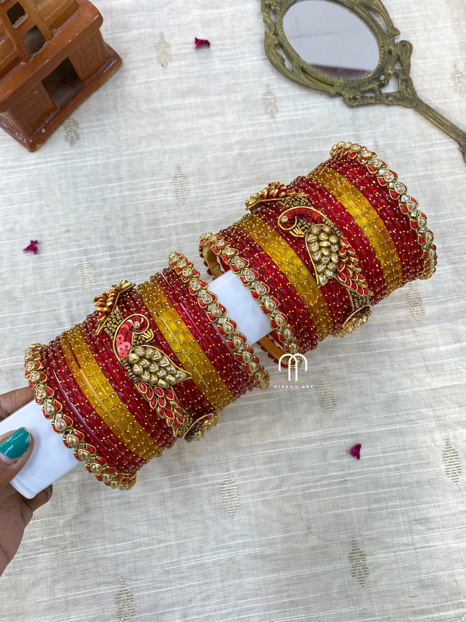 Kundan Bangles – Lotus & Parrot (Golden and Red) from Bangle by Choice