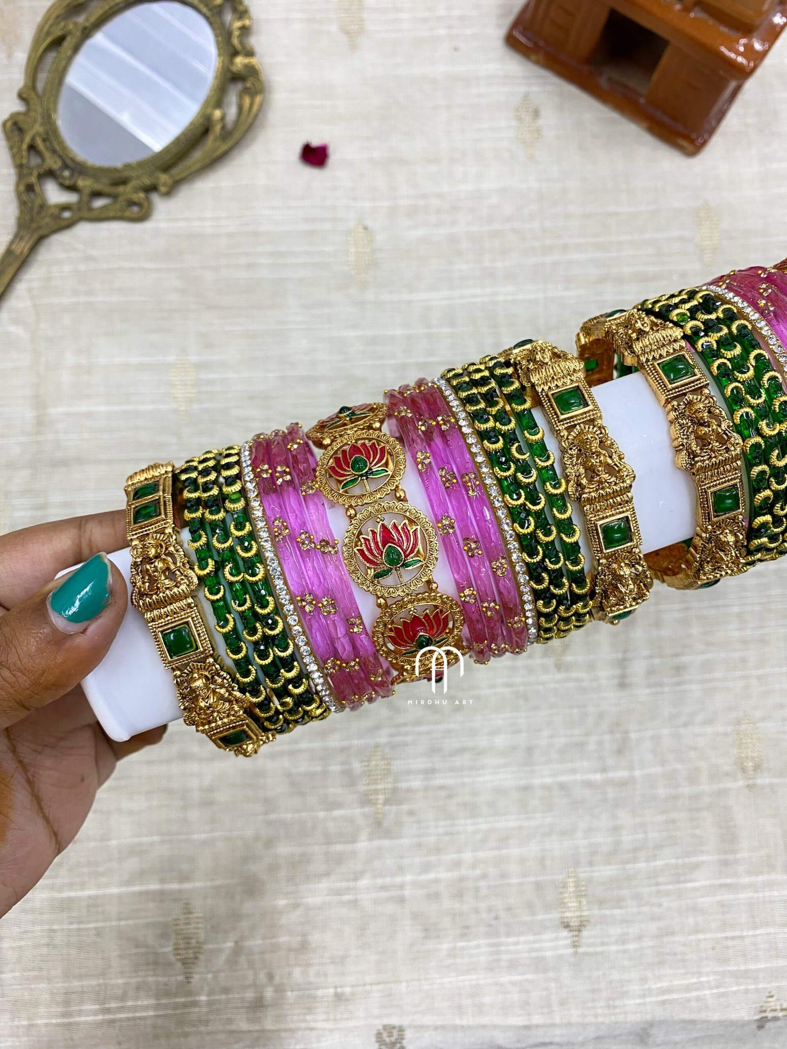 Ashta Lakshmi With Lotus Bangles – Lavender & Dark Green (One Hand Set) detail view 2