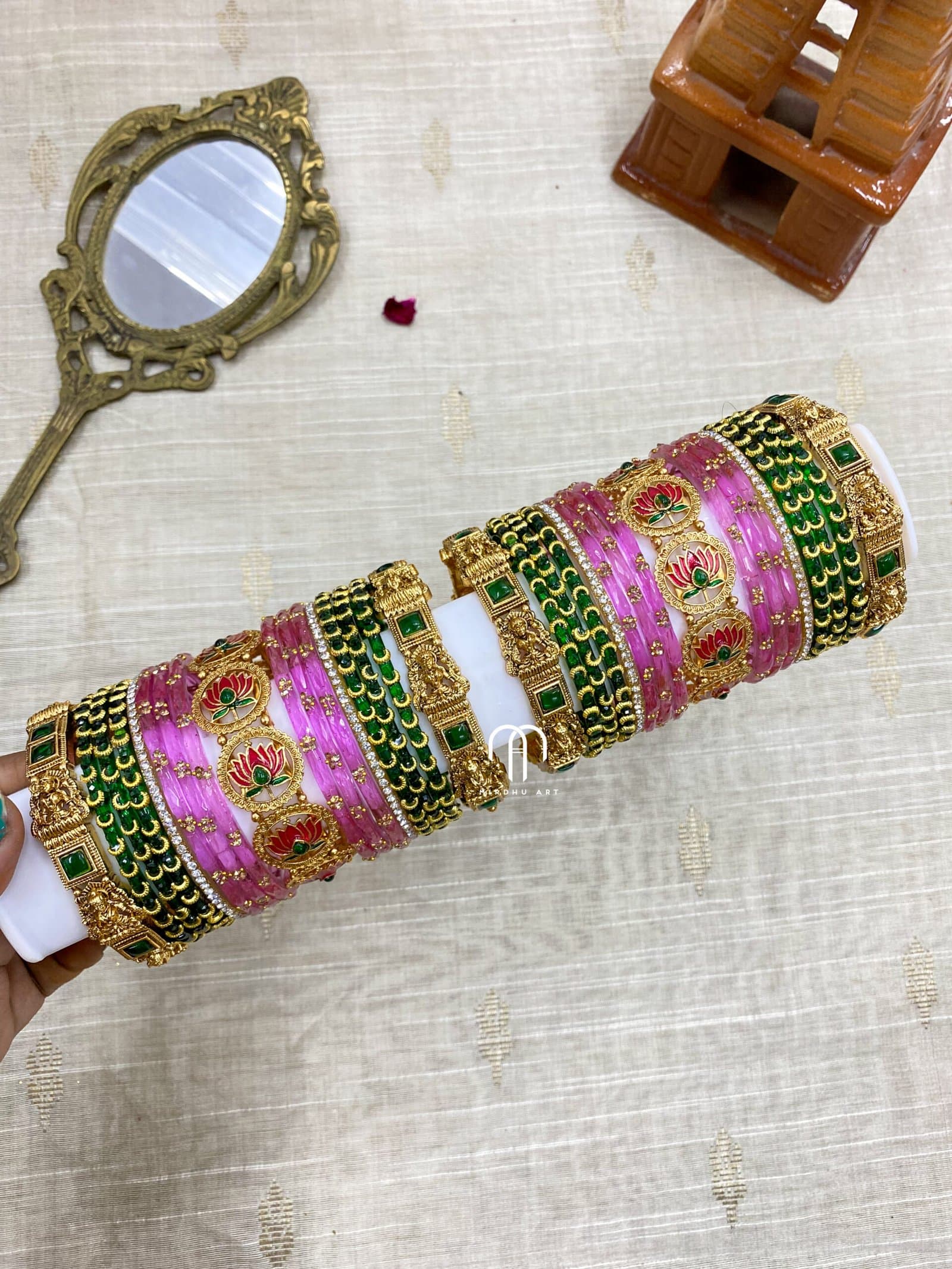 Ashta Lakshmi With Lotus Bangles – Lavender & Dark green (one hand set) from Bangle by Choice