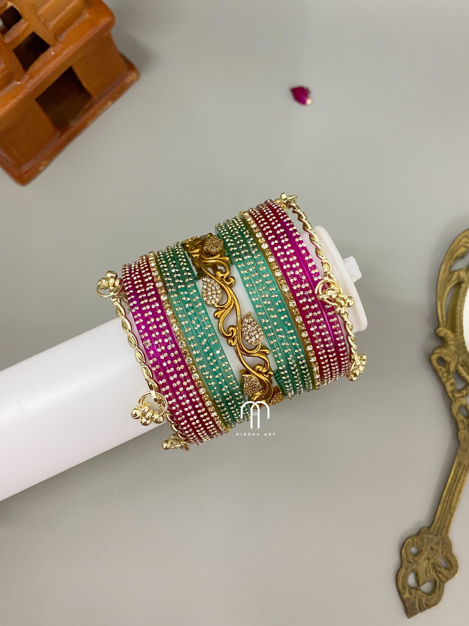 Kashmiri, Crystal & Leaf – Rani pink & Turquoise green from Bangle by Choice