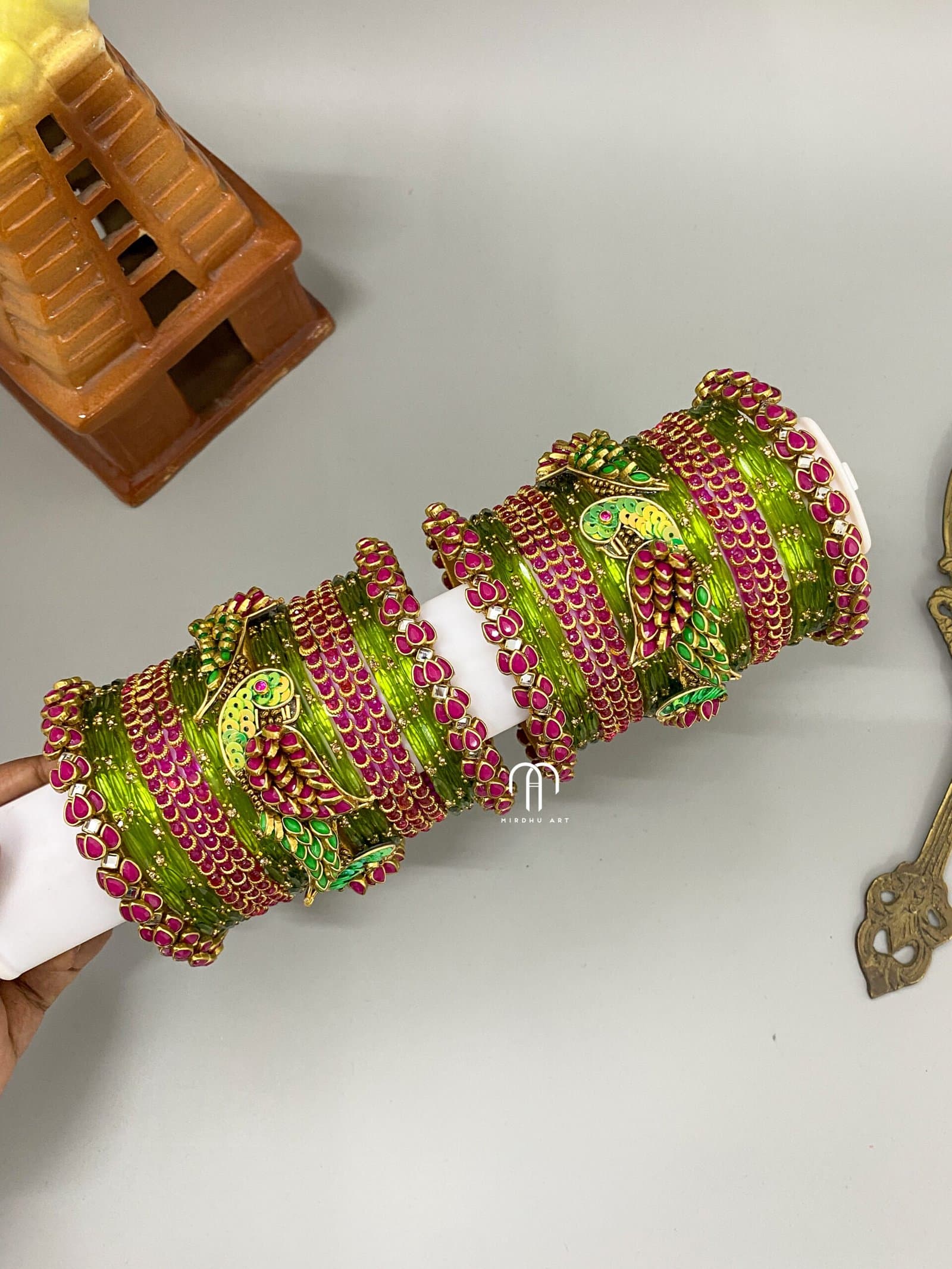 Kundan Bangles – Lotus & Parrot (Parrot Green and Rani Pink) from Bangle by Choice
