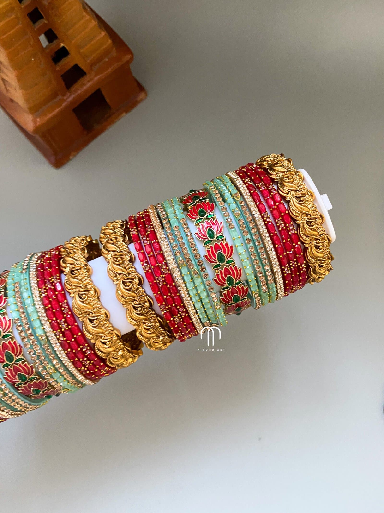 Red Lotus With Non Idol Nagas Bangles detail view 2
