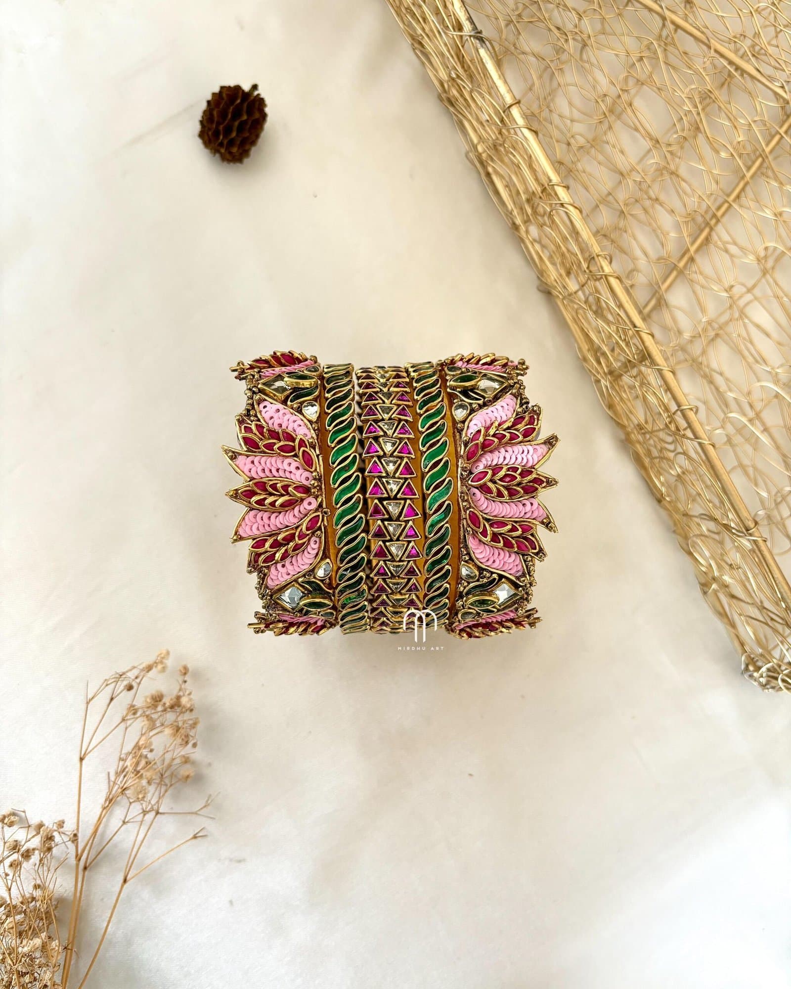 Kundan Bangles – Lotus Bangle (Pink & Green) set from Bangle by Choice