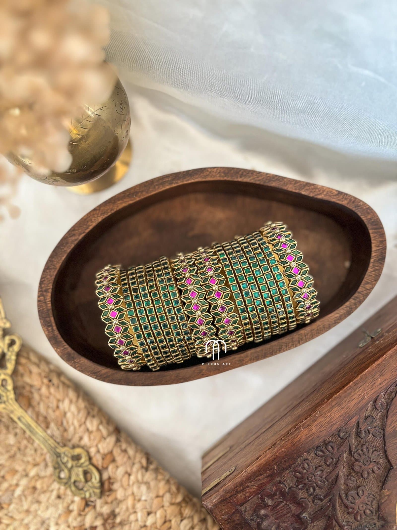 Kundan Bangles – Rani Pink & Green 2D Set from Bangle by Choice