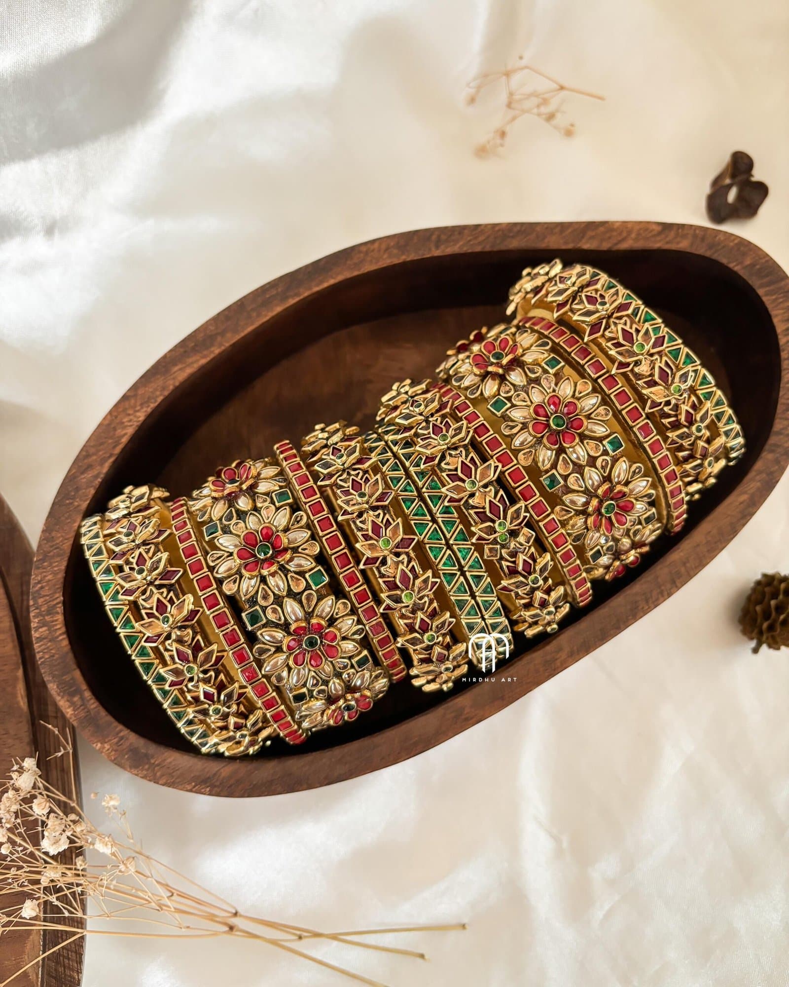 Kundan Bangles – Golden Pearl, Maroon, Green 3D Set from Bangle by Choice