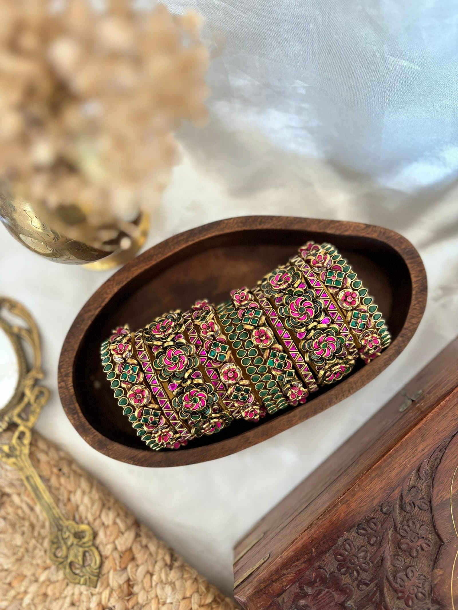 Kundan Bangles – Rani Pink & Green 3D Set from Bangle by Choice