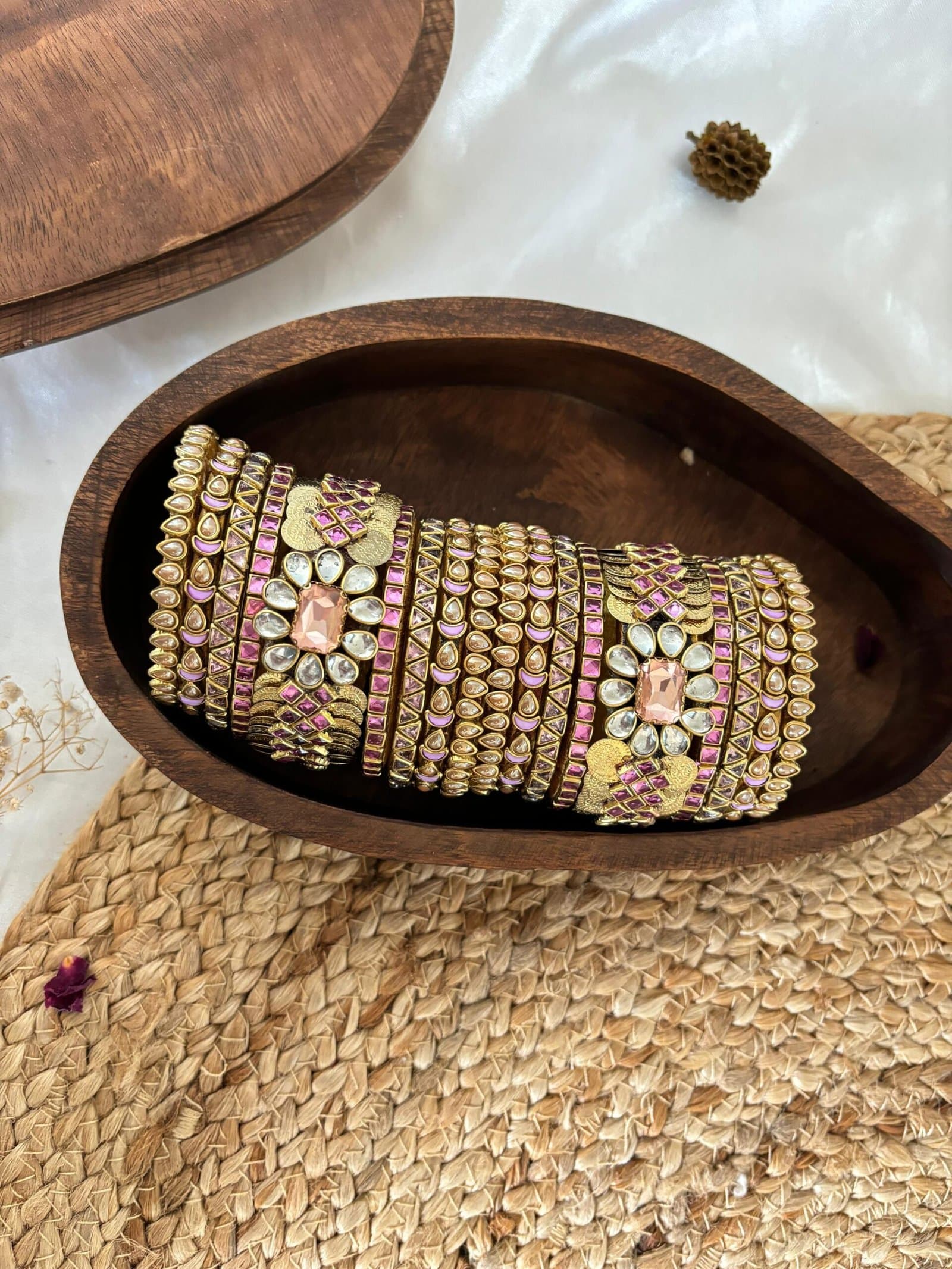 Kundan Bangles – Baby Pink & Golden Coin Bangle Set from Bangle by Choice