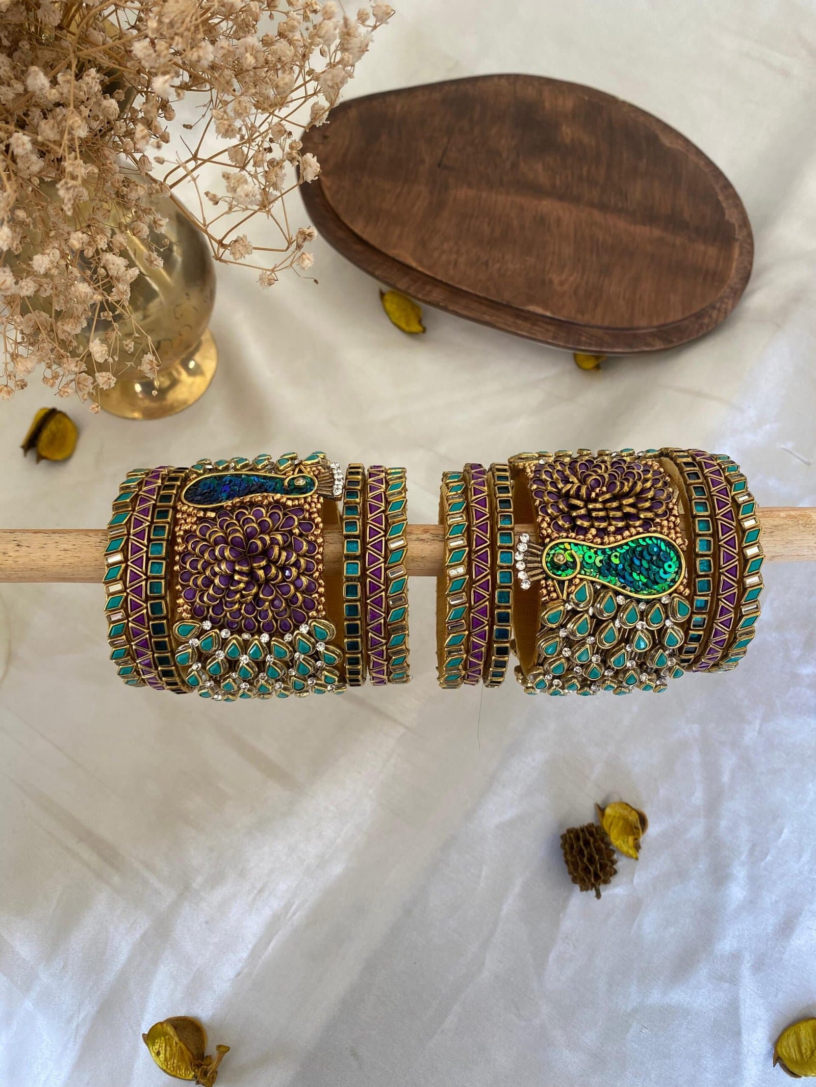 Kundan Bangles – Peacock Bangle set (Turquoise green & Purple) from Bangle by Choice