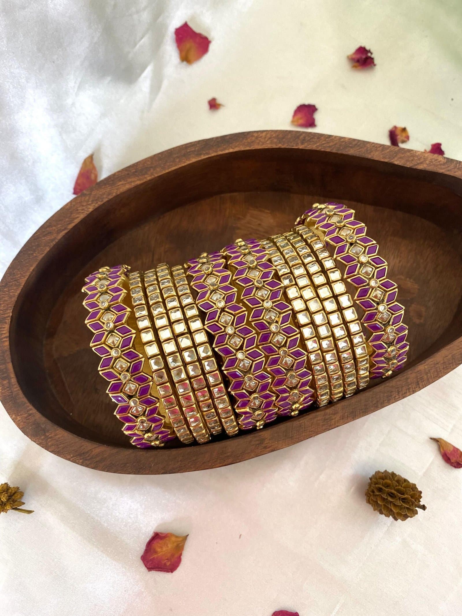 Kundan Bangles – Purple, White stone & Golden Pearl Set from Bangle by Choice