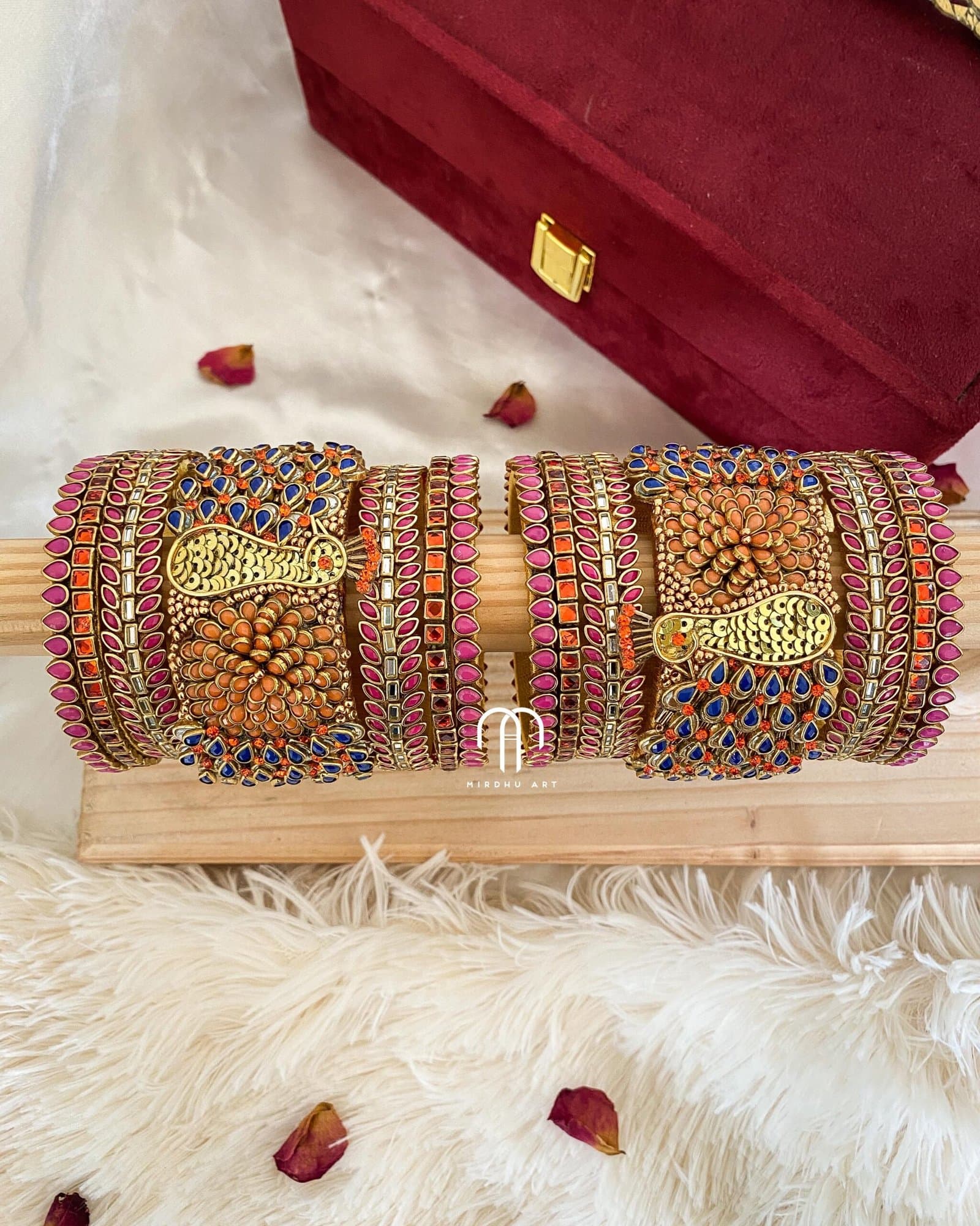 Kundan Bangles – Peacock Bangle set (Rani Pink, Royal Blue & Orange) from Bangle by Choice