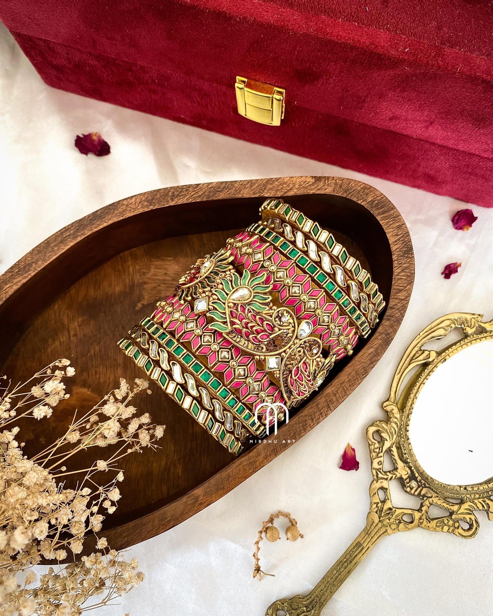 Kundan Bangles – Annapakshi (Rani Pink & Green) Set from Bangle by Choice