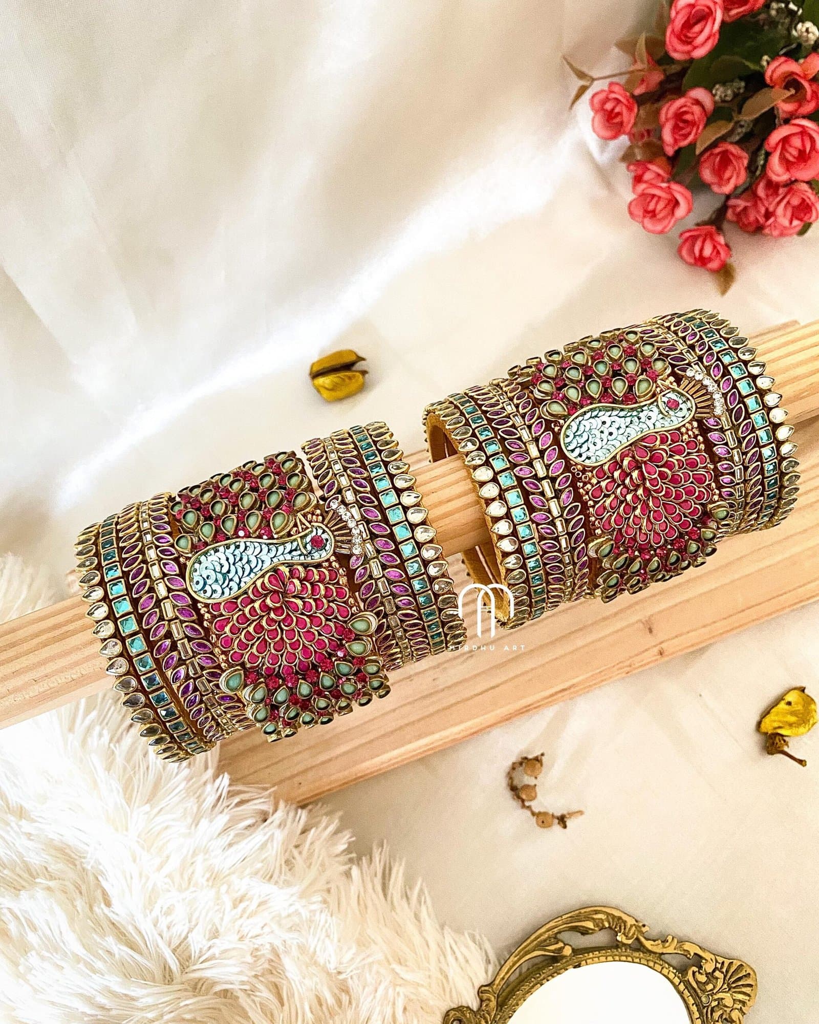 Kundan Bangles – Peacock Bangle set (Rani Pink, Sky Blue & Purple) from Bangle by Choice