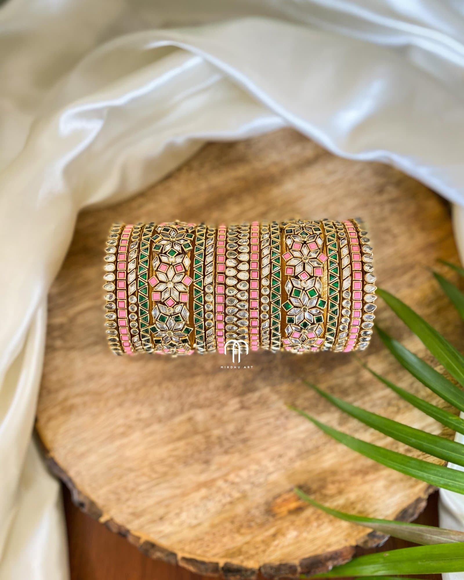Kundan Bangles – White stone, Baby pink & Green (Zigzag Jumbo kada) Set from Bangle by Choice