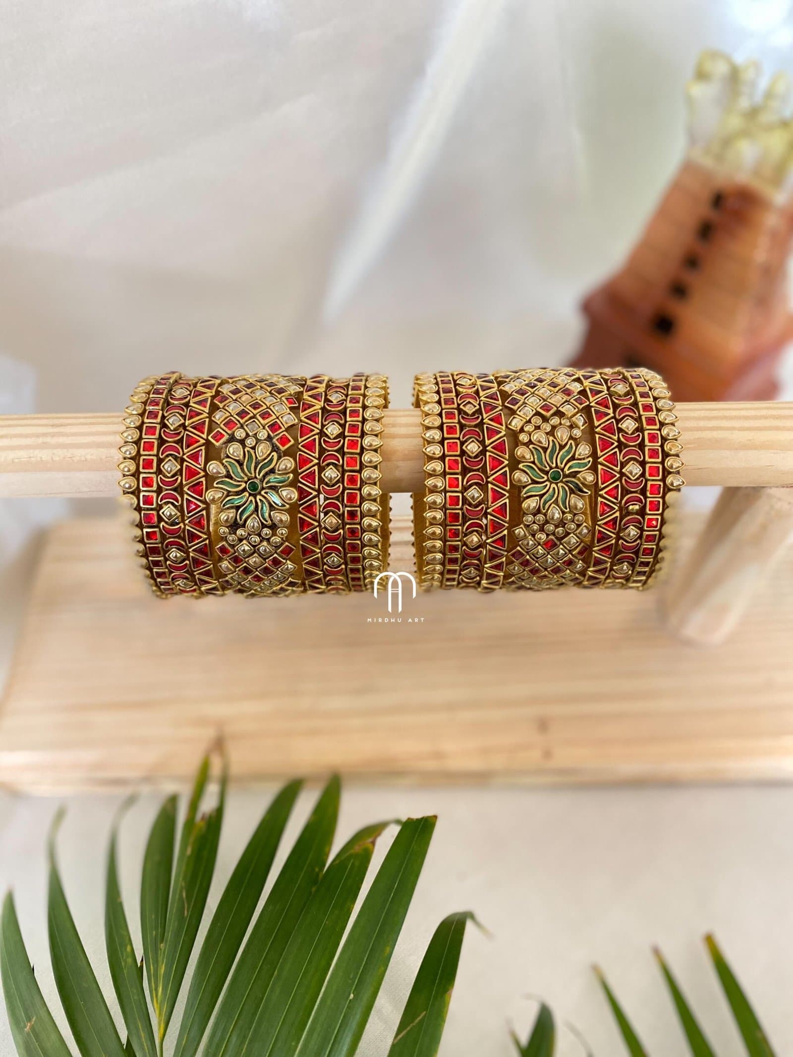 Kundan Bangles – Red & Golden, Green S (V -Model Jumbo kada) Set from Bangle by Choice