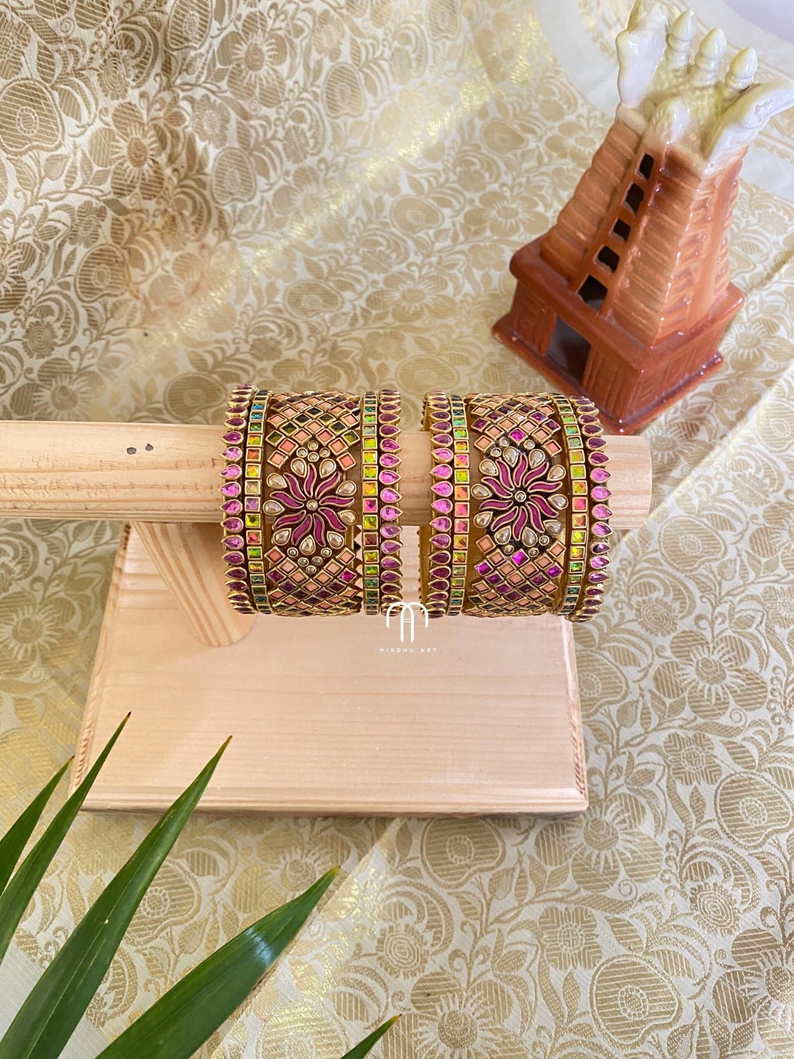 Kundan Bangles – Multi colour & Mezanta Pink (V-Model Jumbo kada) Set from Bangle by Choice