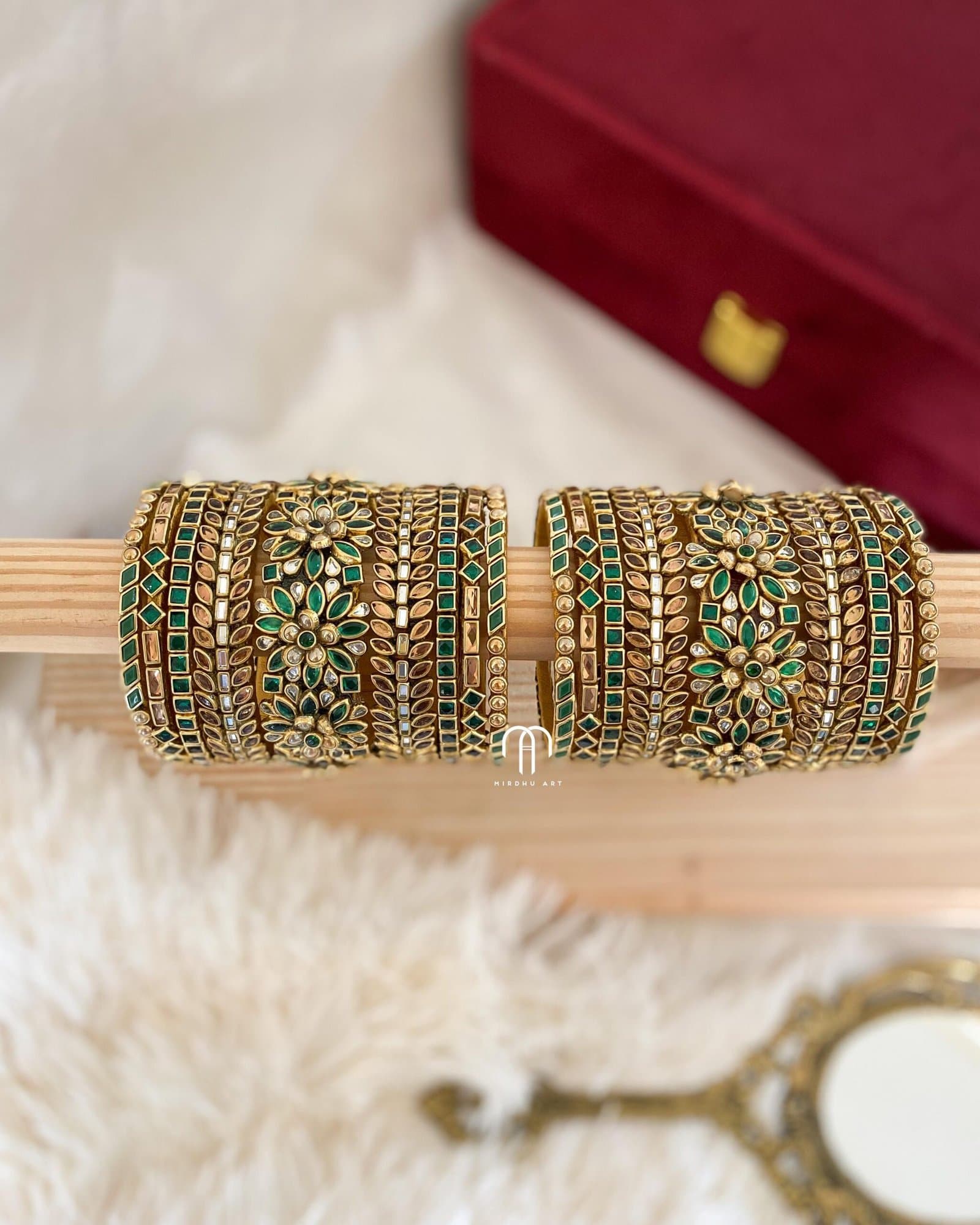 Kundan Bangles – Dark Green & Golden (3D Flower model Jumbo kada) Set from Bangle by Choice