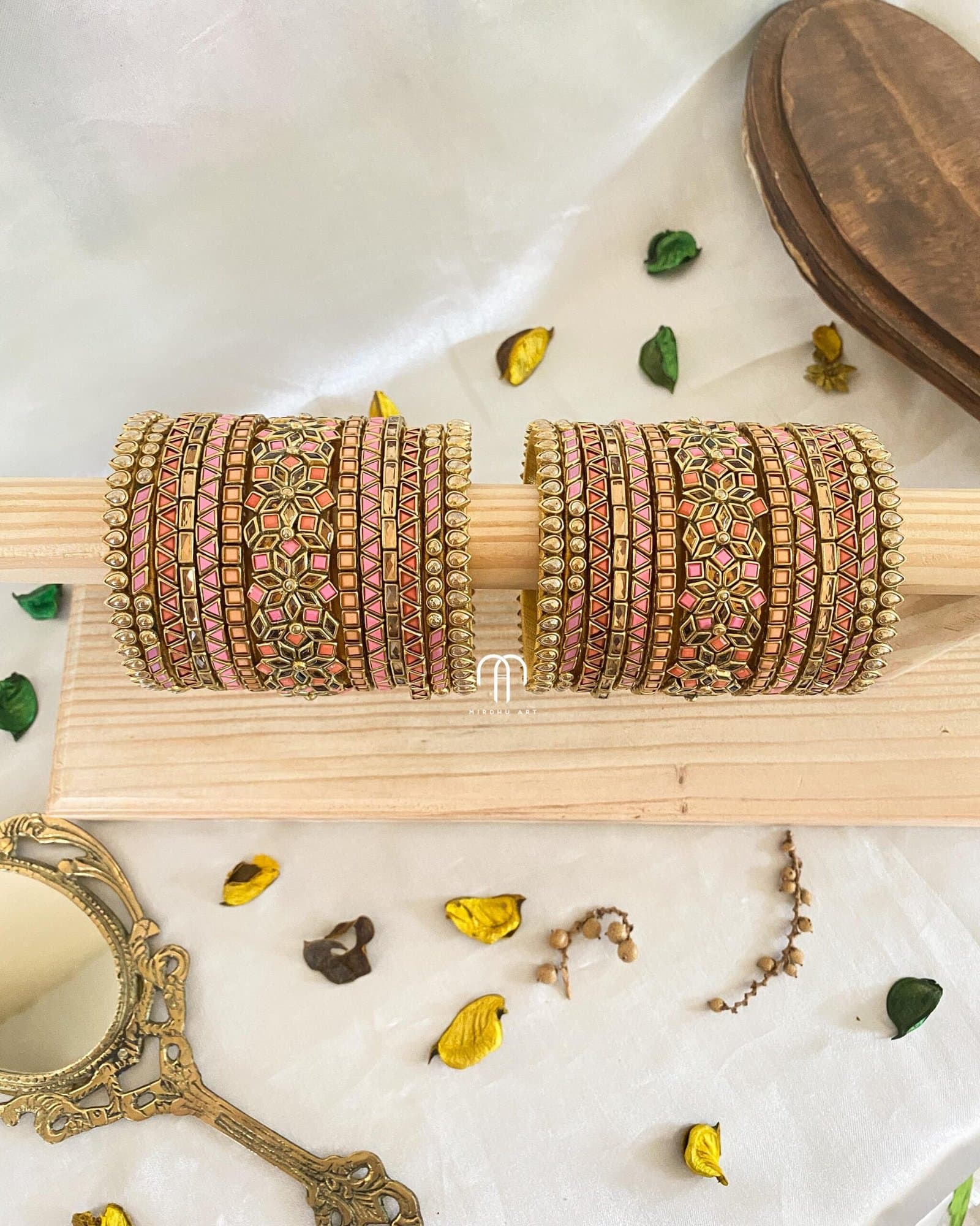 Kundan Bangles – Golden, Baby pink & Peach (Zigzag Jumbo kada) Set from Bangle by Choice