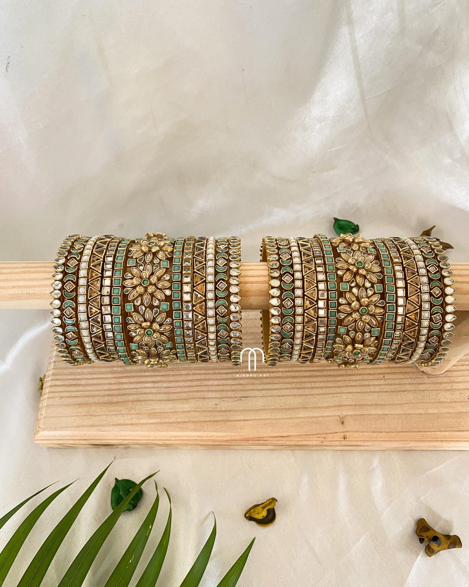Kundan Bangles – Turquoise green, Golden pearl & White combination Bangles from Bangle by Choice