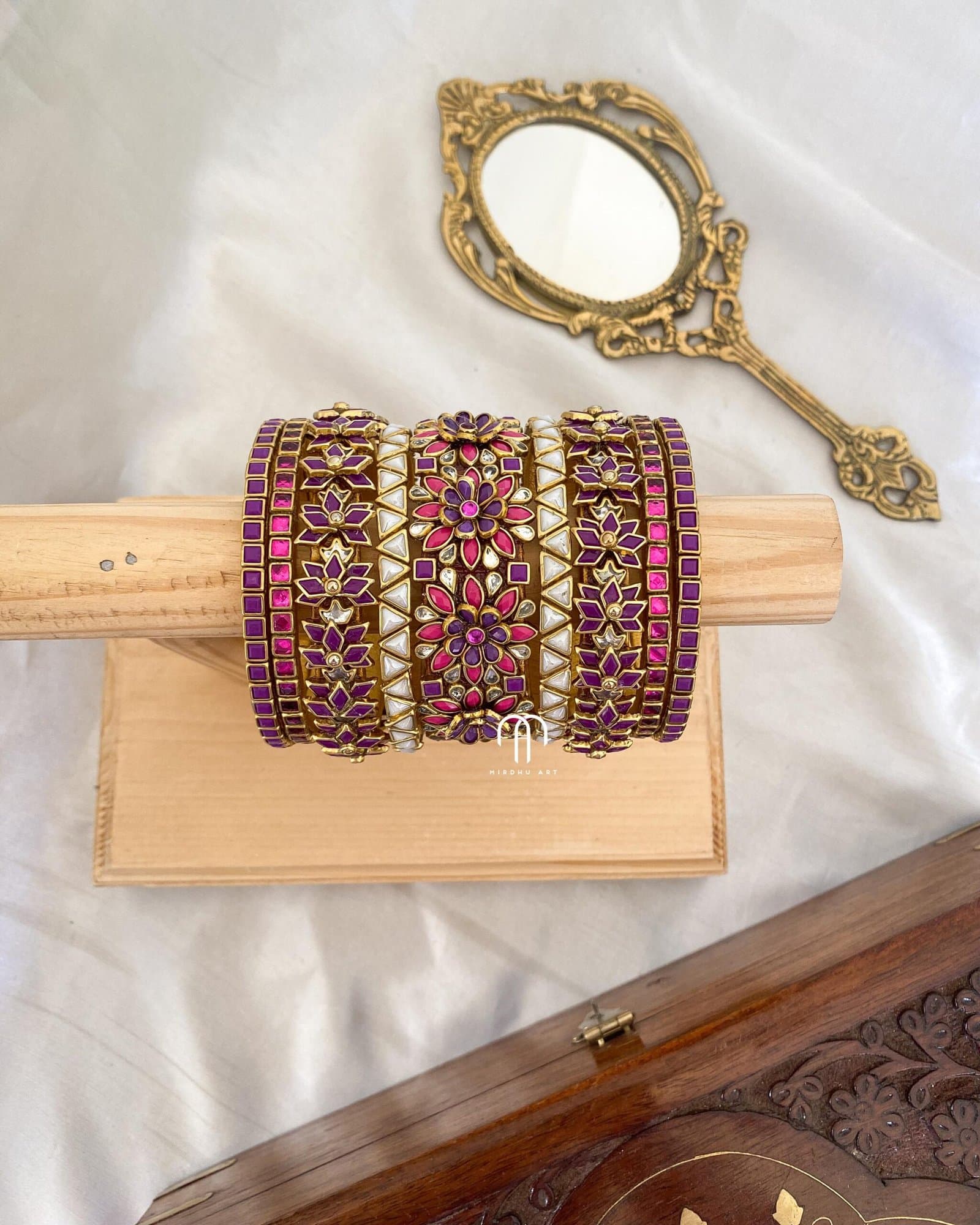 Kundan Bangles – Purple, Rani Pink & White pearl combination Bangles from Bangle by Choice